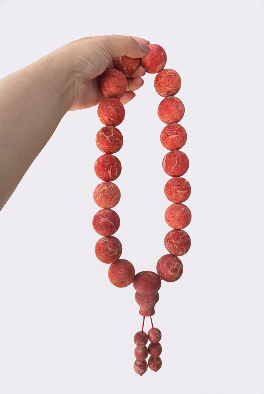 Natural Red Coral Prayer Beads, 18 Bead 20mm Buddhist Mala, Raw Uncoated Coral