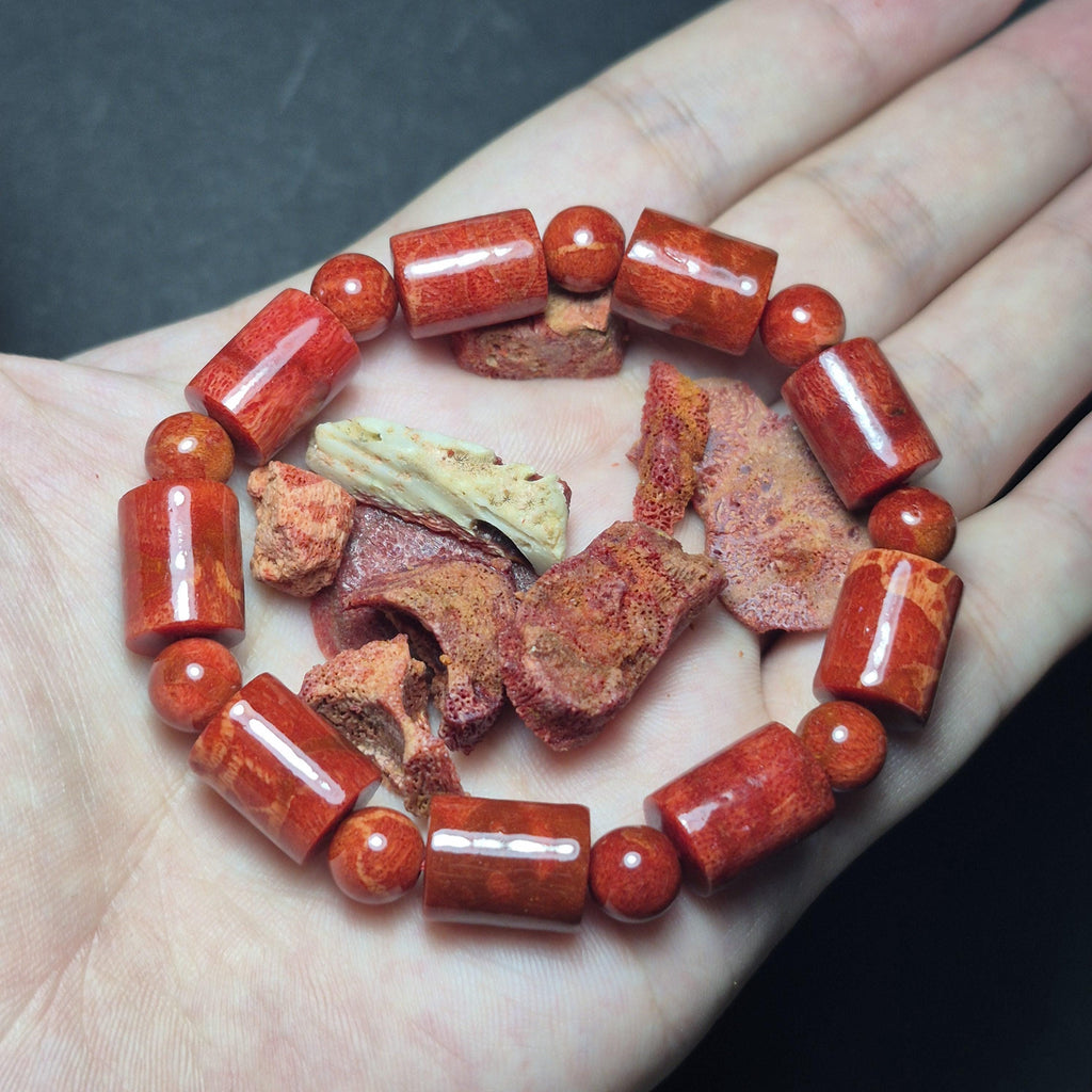 Red Coral Barrel 10mm Bead Bracelet, Natural Lucky Coral Jewelry