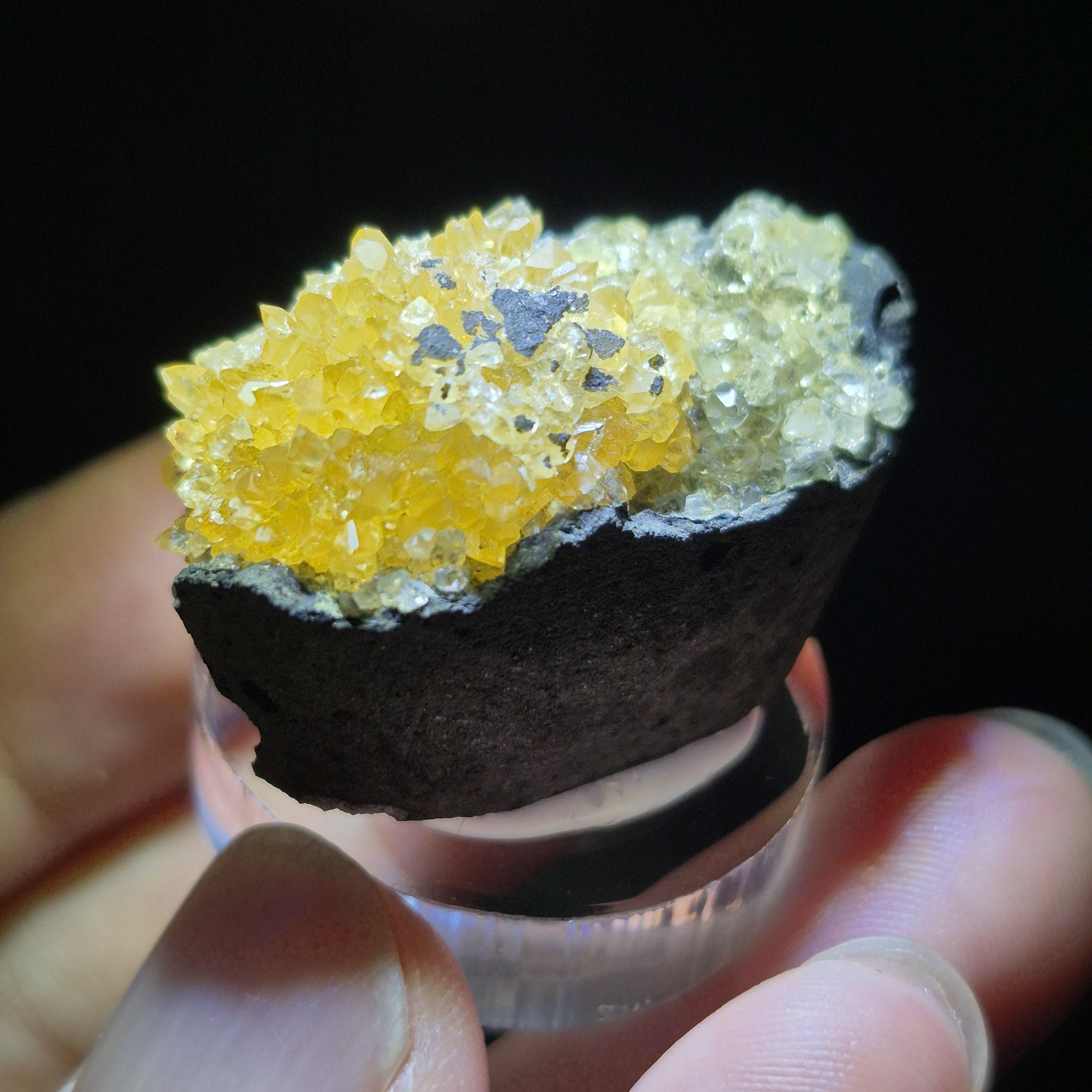 Yellow Calcite Crystal on Basalt - Natural Mineral Decor Stone