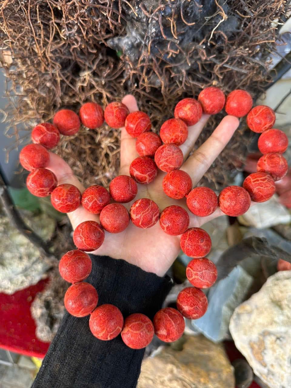 Raw Red Coral 20mm Bead Bracelet, Natural Uncoated Coral Jewelry