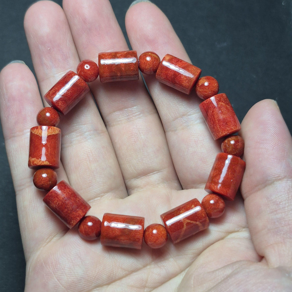 Red Coral Barrel 10mm Bead Bracelet, Natural Lucky Coral Jewelry