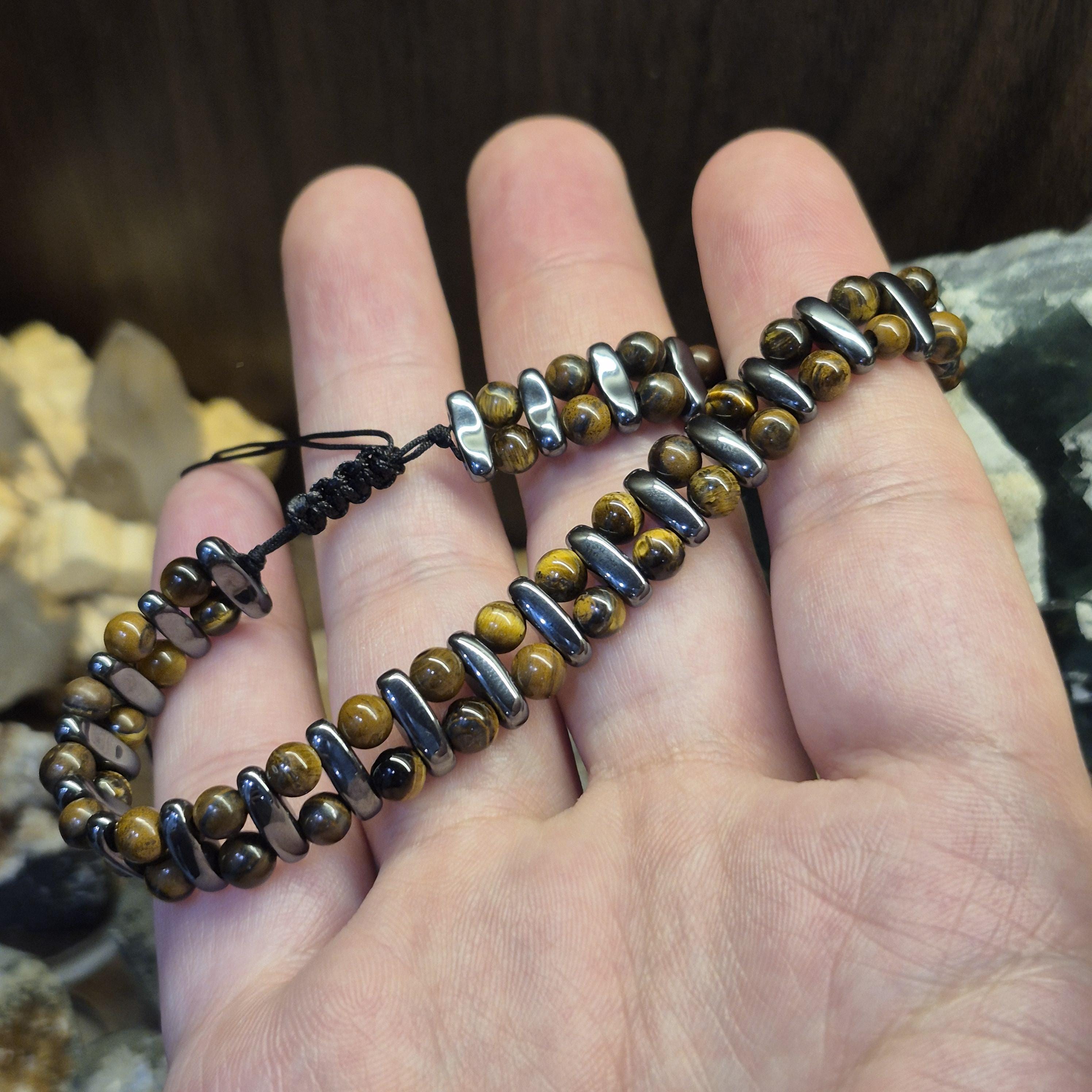 Tiger Eye 5mm Bead Bracelet Adjustable, Natural Stone Bead Bracelet with Metal Bars