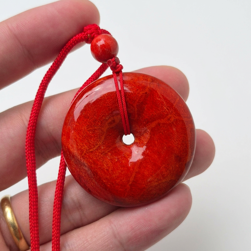 Large Red Coral Necklace, 4cm Donut Pendant, Natural Coral Jewelry
