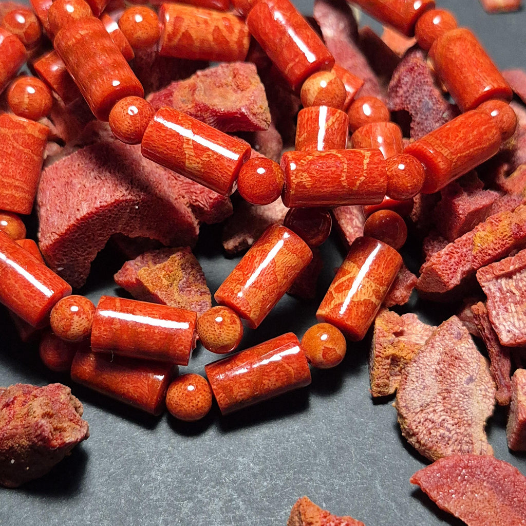 Red Coral Bamboo Bead Bracelet 8mm, Natural Coral Jewelry, Handmade Spiritual Bracelet