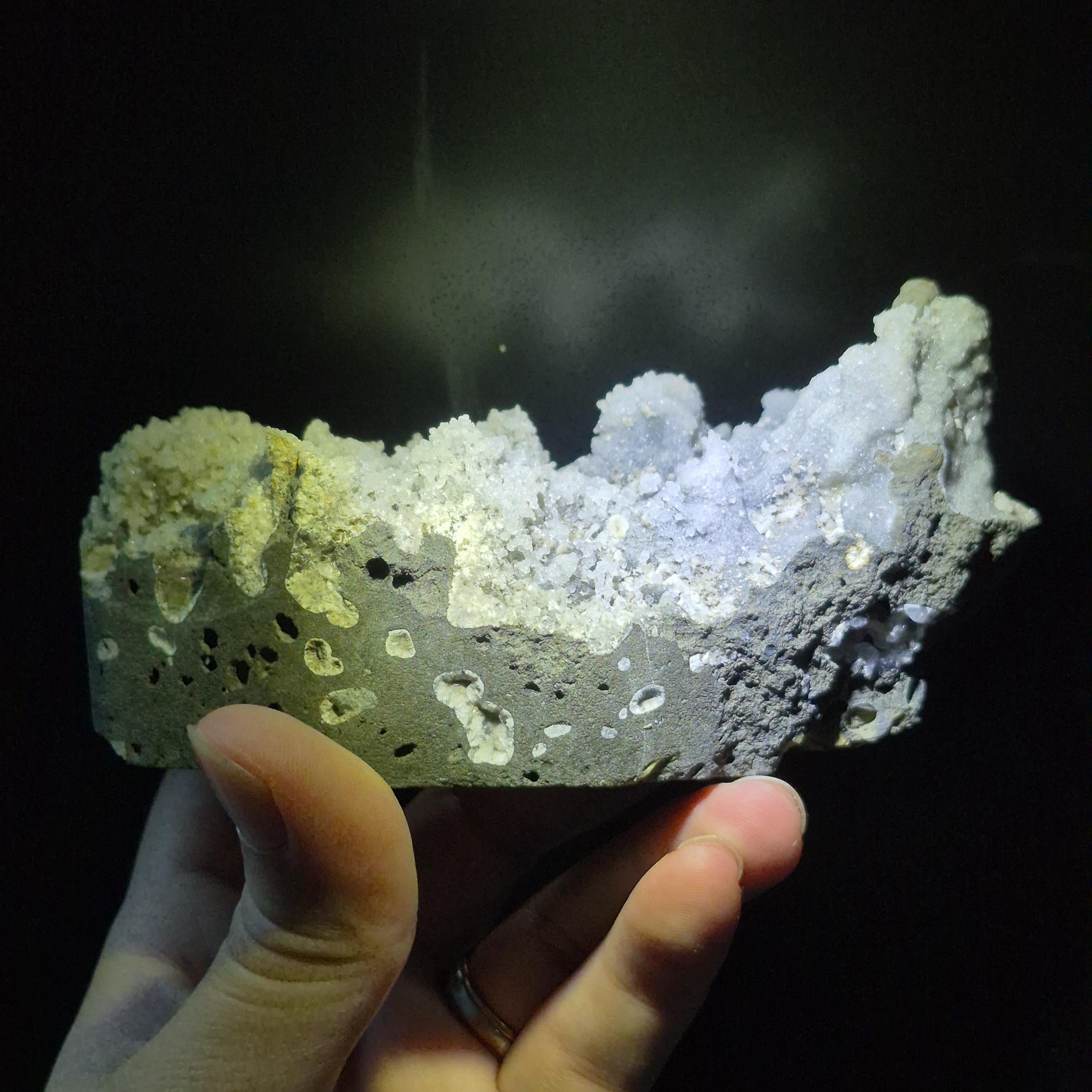 White Druzy Quartz Crystal on Basalt, Natural Ship Mineral Specimen