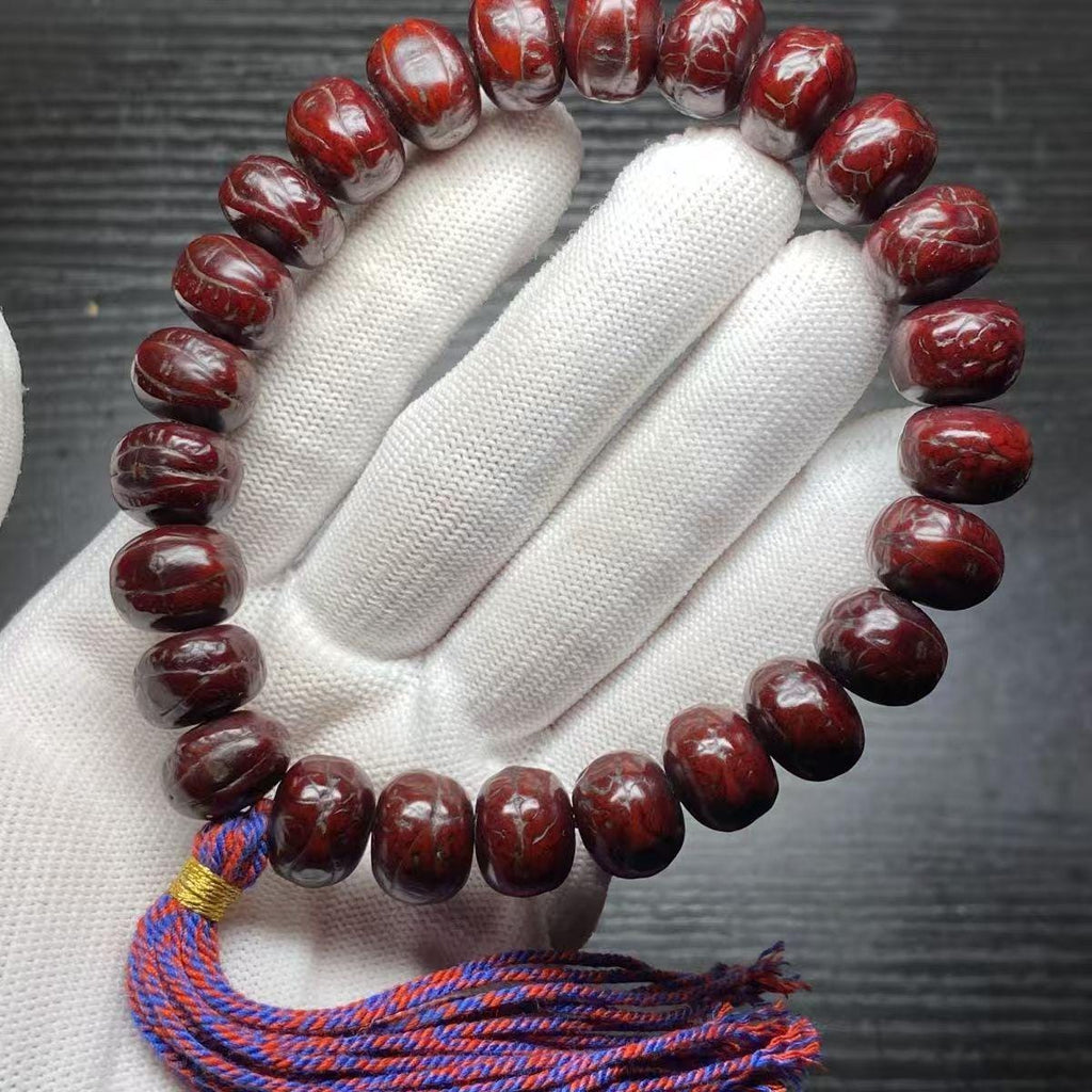Buddha Eye Bodhi Bracelet, Aged Bodhi Seed Prayer Beads, Dark Red Buddhist Hand Mala
