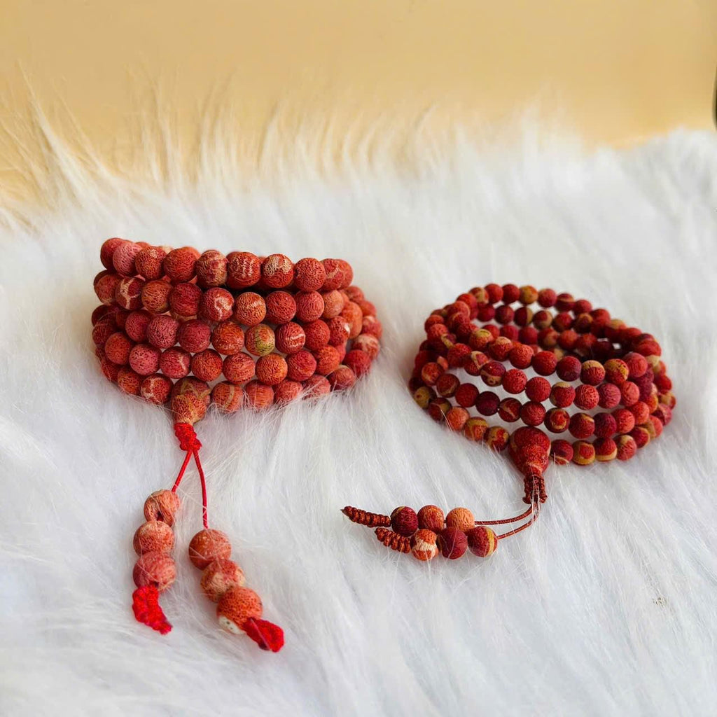 Uncoated Red Coral Mala 108 Beads 8mm, Raw Coral Beads Mala, Handmade Buddhist Rosary