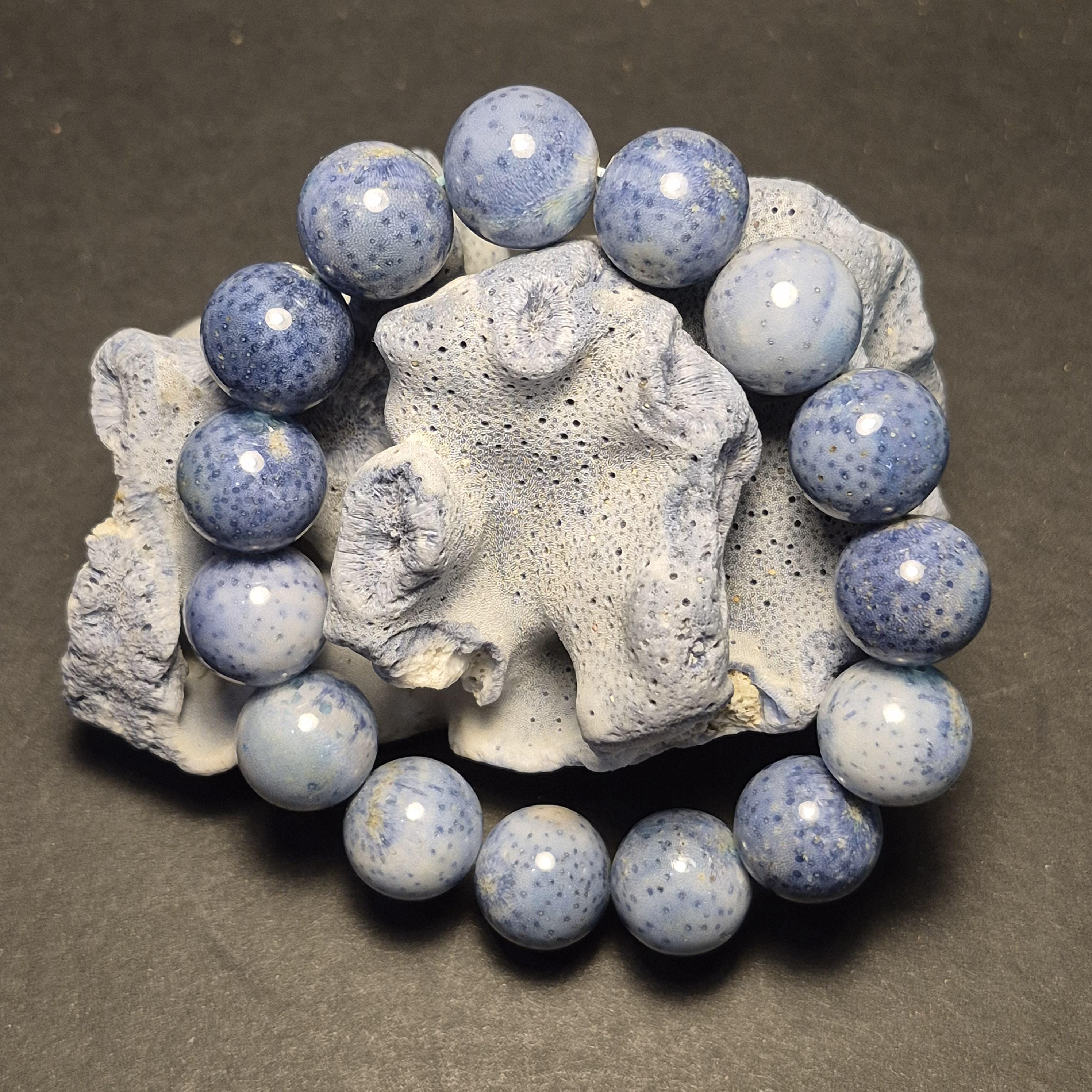 Natural Blue Coral Bracelet Bead, Rare Ocean Coral 14mm Beads, Handmade Jewelry