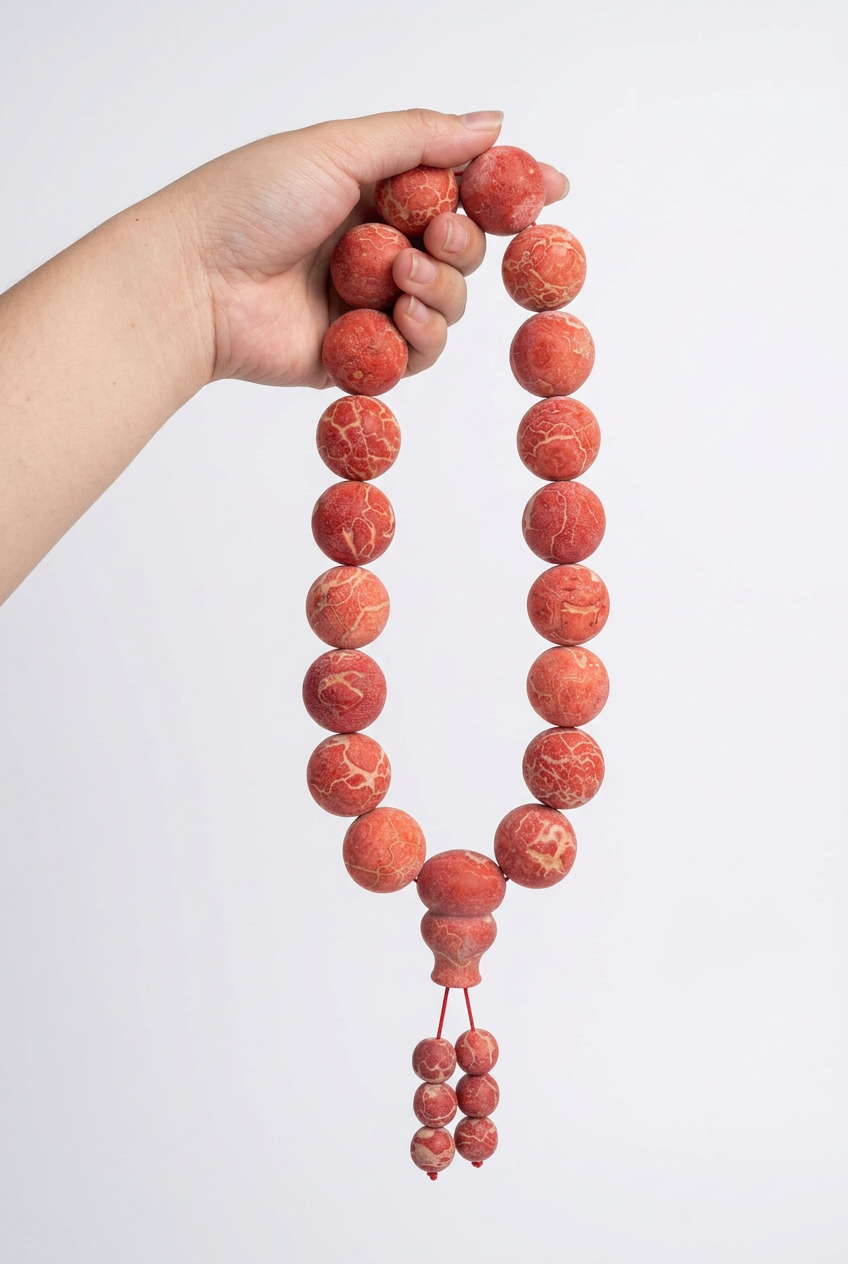 Natural Red Coral Prayer Beads, 18 Bead 20mm Buddhist Mala, Raw Uncoated Coral