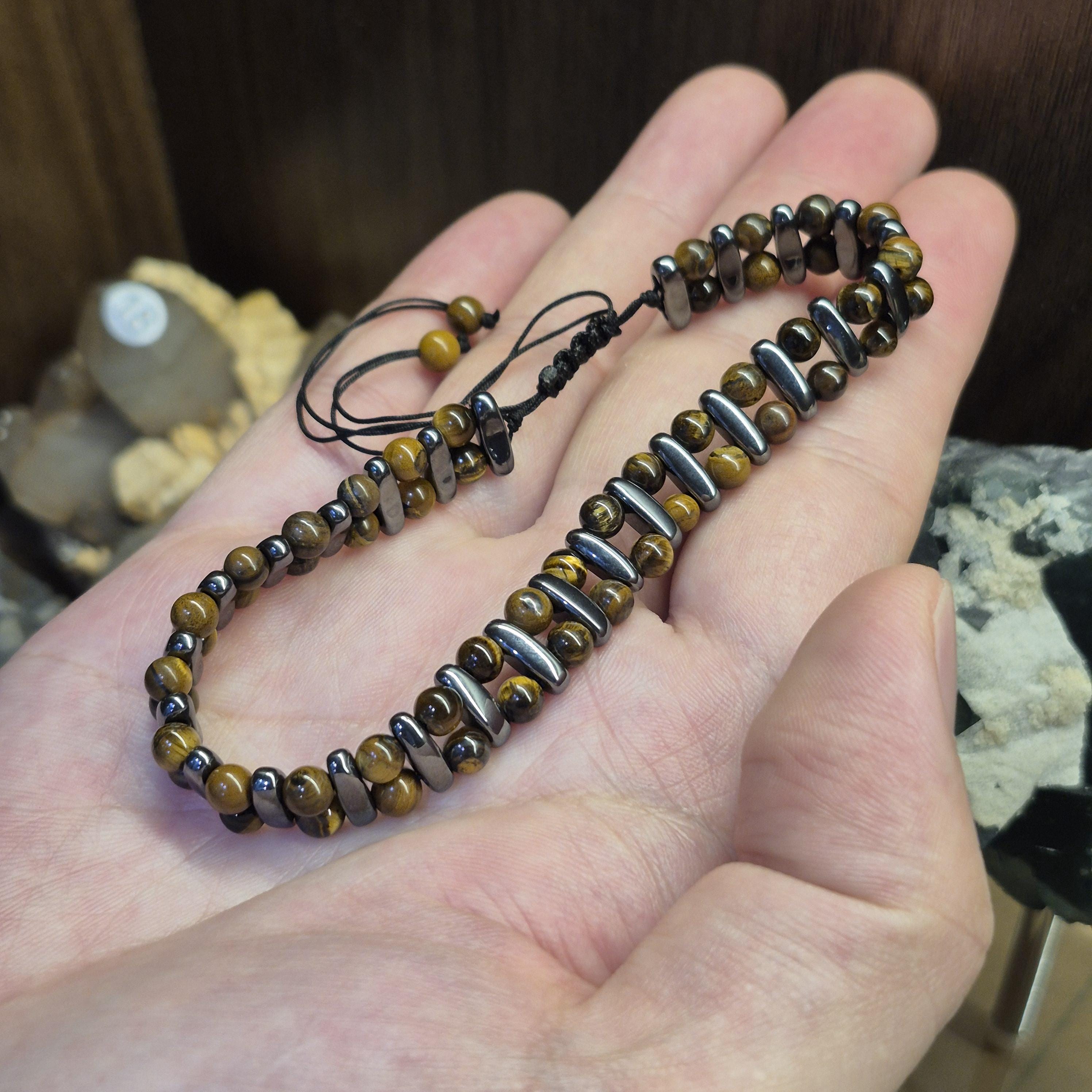 Tiger Eye 5mm Bead Bracelet Adjustable, Natural Stone Bead Bracelet with Metal Bars