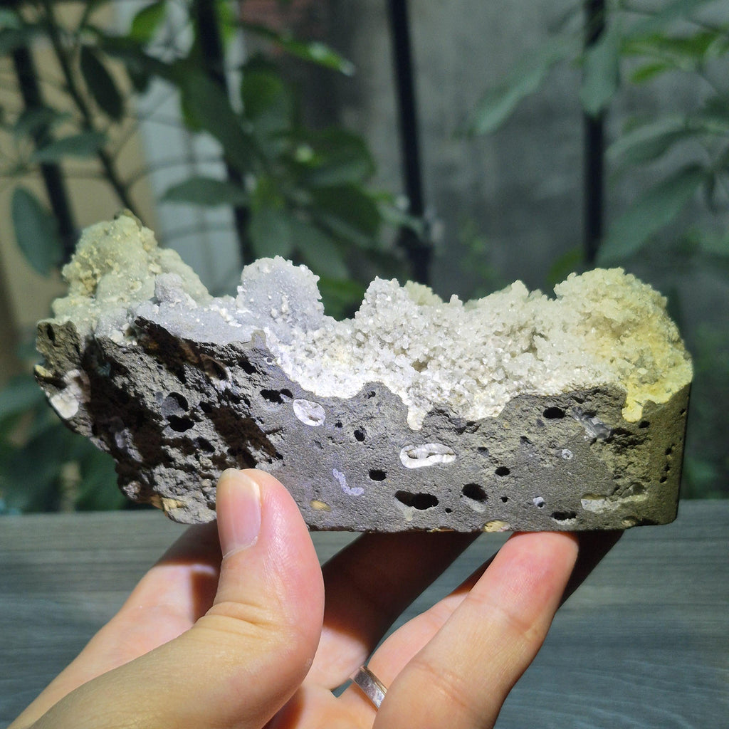 White Druzy Quartz Crystal on Basalt, Natural Ship Mineral Specimen