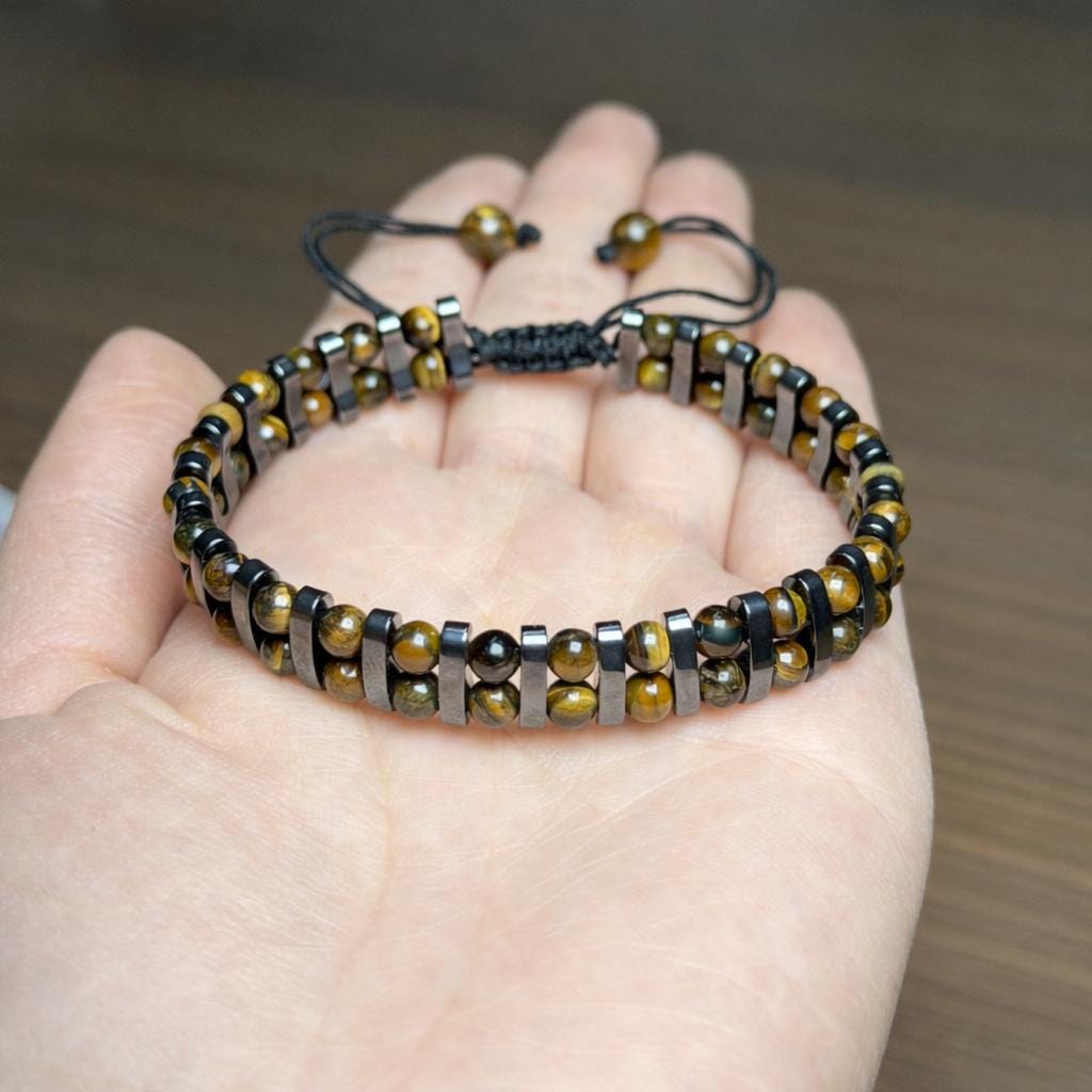 Tiger Eye 5mm Bead Bracelet Adjustable, Natural Stone Bead Bracelet with Metal Bars