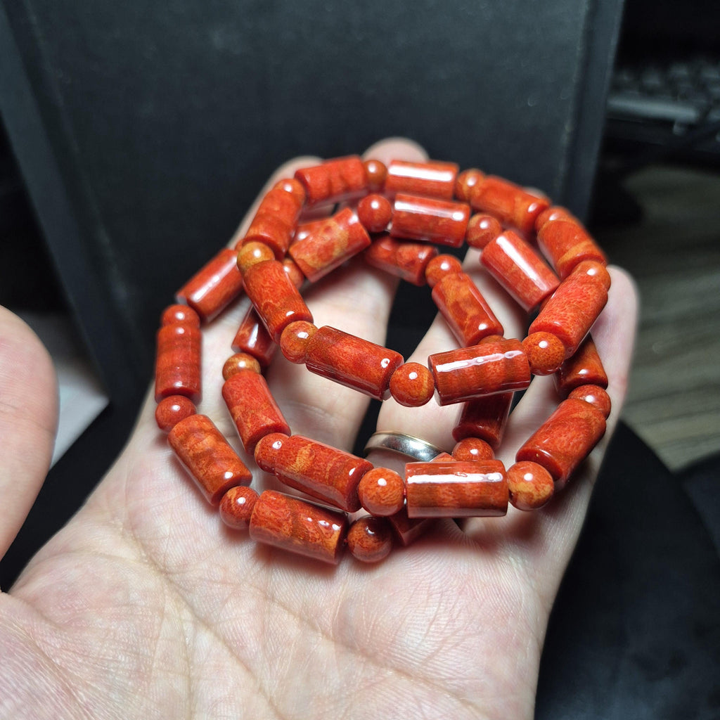 Red Coral Bamboo 6mm Bead Bracelet, Handmade Spiritual Jewelry