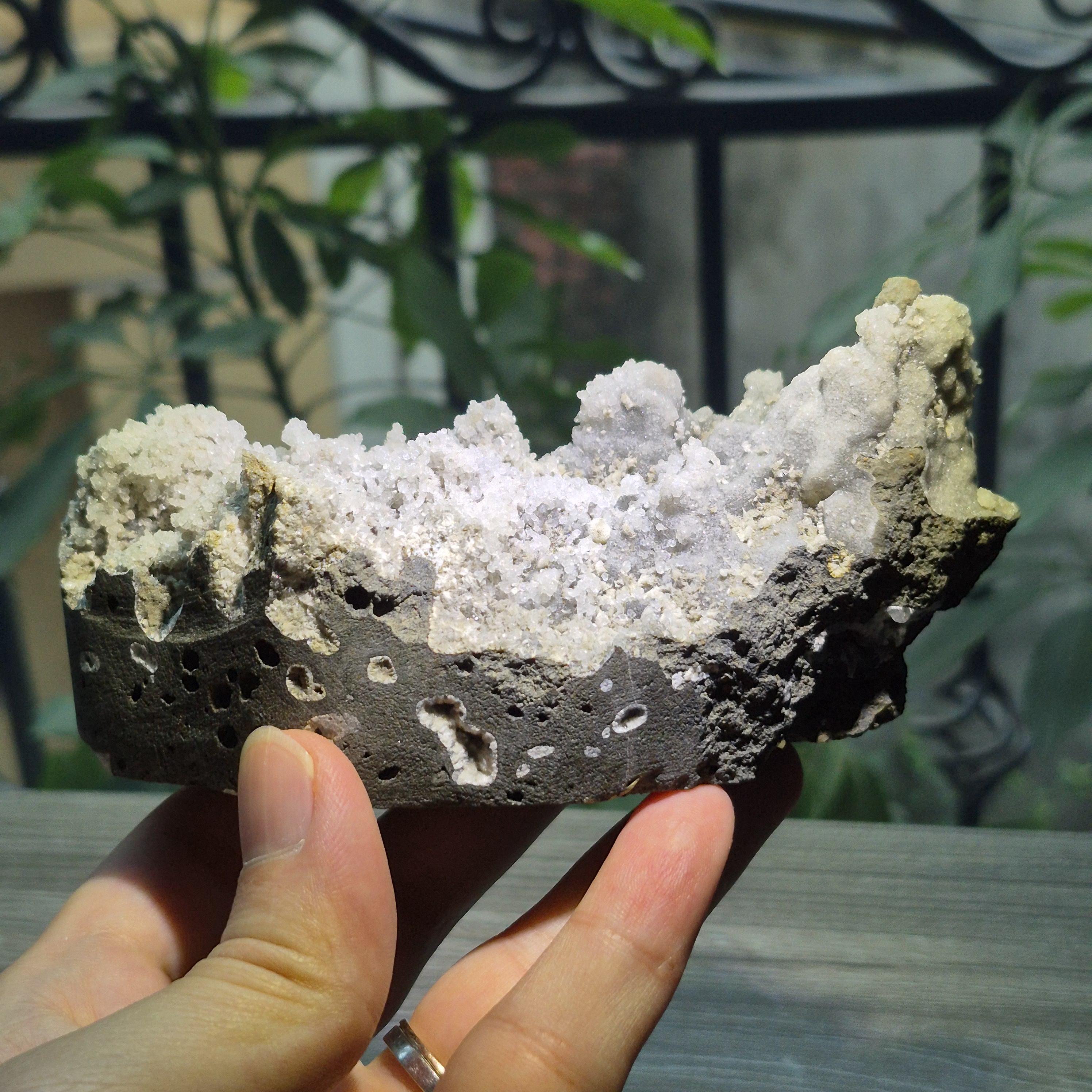White Druzy Quartz Crystal on Basalt, Natural Ship Mineral Specimen