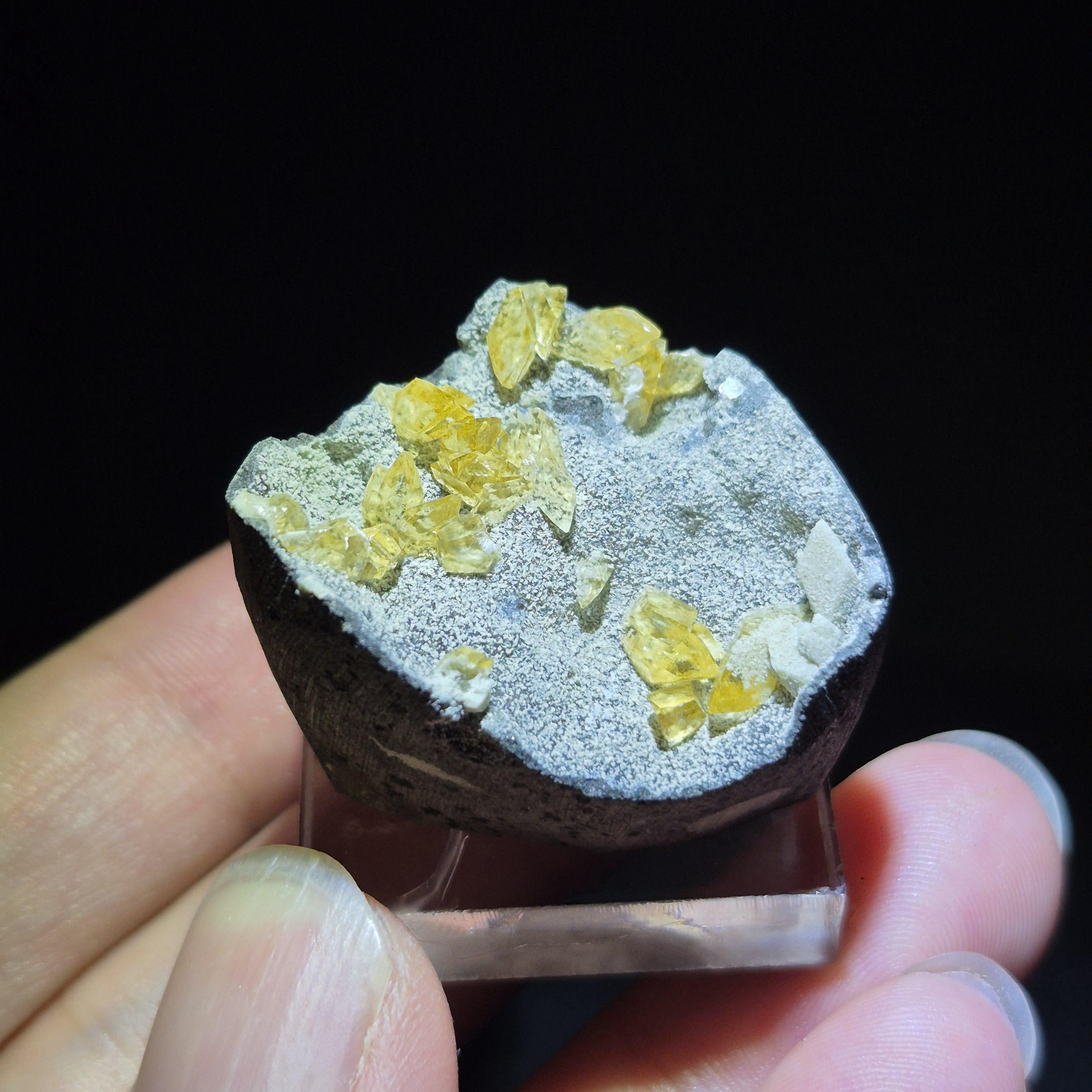 Yellow Calcite Crystal on Matrix - Natural Mineral Specimen - Raw Collector Stone