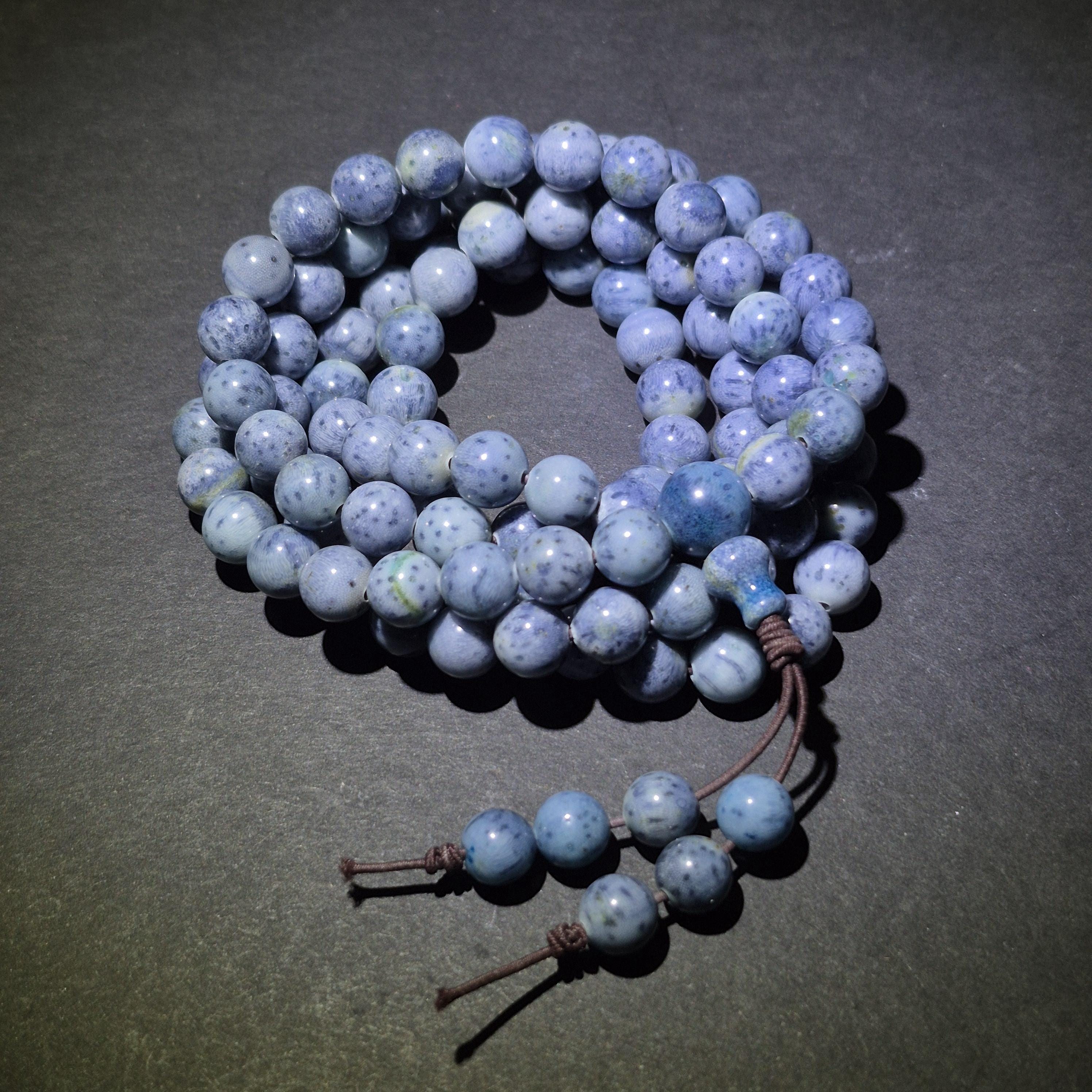Authentic Blue Coral Bracelet 108 Beads, Handmade Mala Bracelet, Natural Coral Jewelry