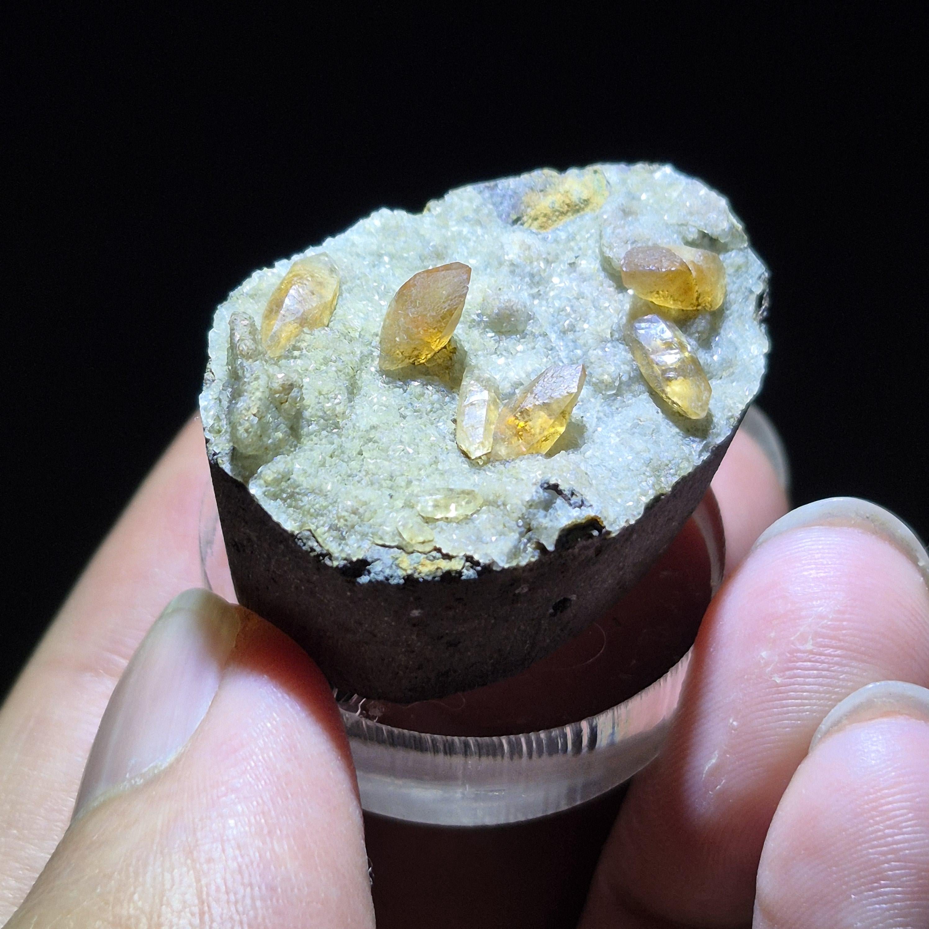 Yellow Calcite Crystals on Basalt Matrix, Rare Calcite Cluster