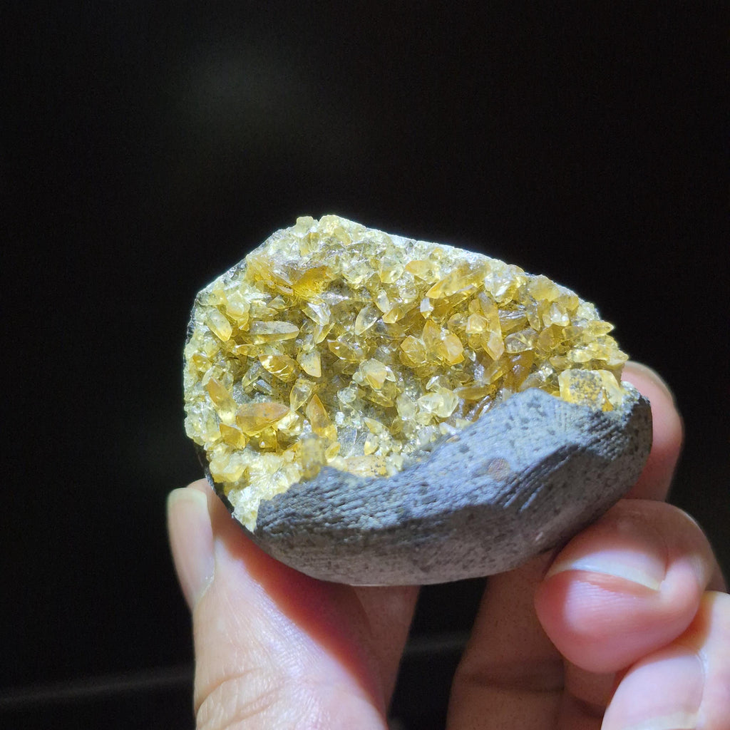 Natural Yellow Calcite Crystal Geode Cluster on Matrix