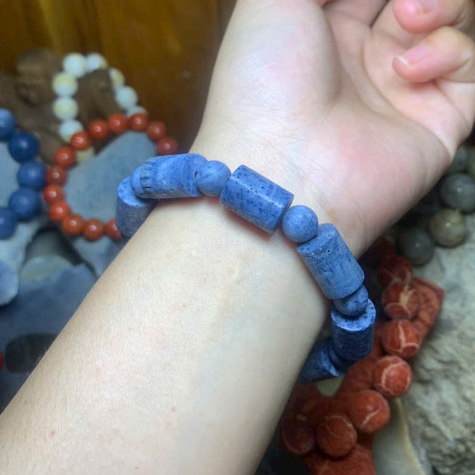 Natural Blue Coral Bracelet, Bamboo Shape Beads