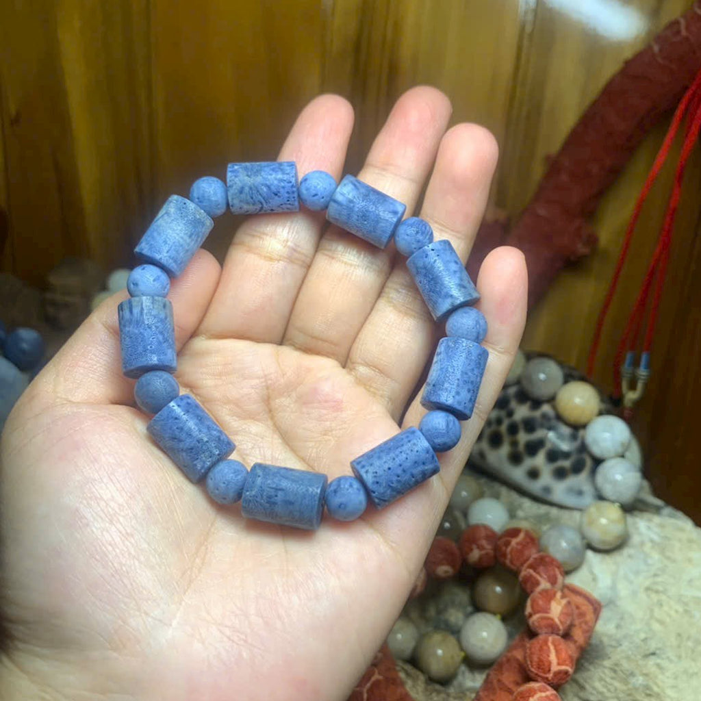 Natural Blue Coral Bracelet, Bamboo Shape Beads