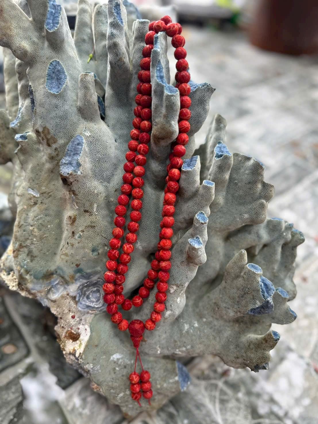 Uncoated Red Coral Mala 108 Beads 8mm, Raw Coral Beads Mala, Handmade Buddhist Rosary