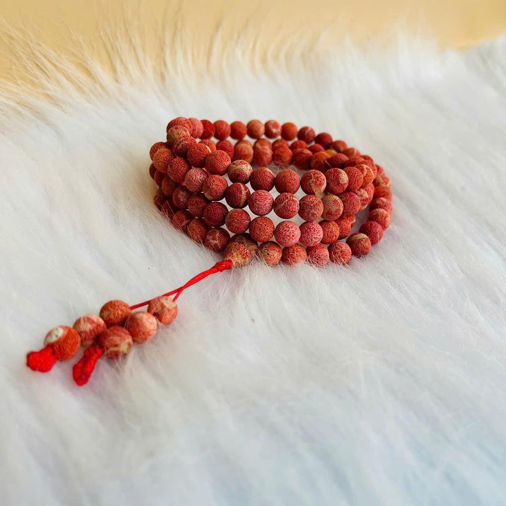 Uncoated Red Coral Mala 108 Beads 8mm, Raw Coral Beads Mala, Handmade Buddhist Rosary