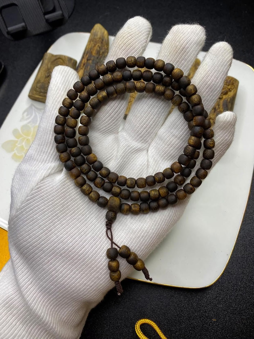 108 Bead 6mm Kyara Agarwood Mala, High Oil Content Agarwood Barrel Shaped Beads