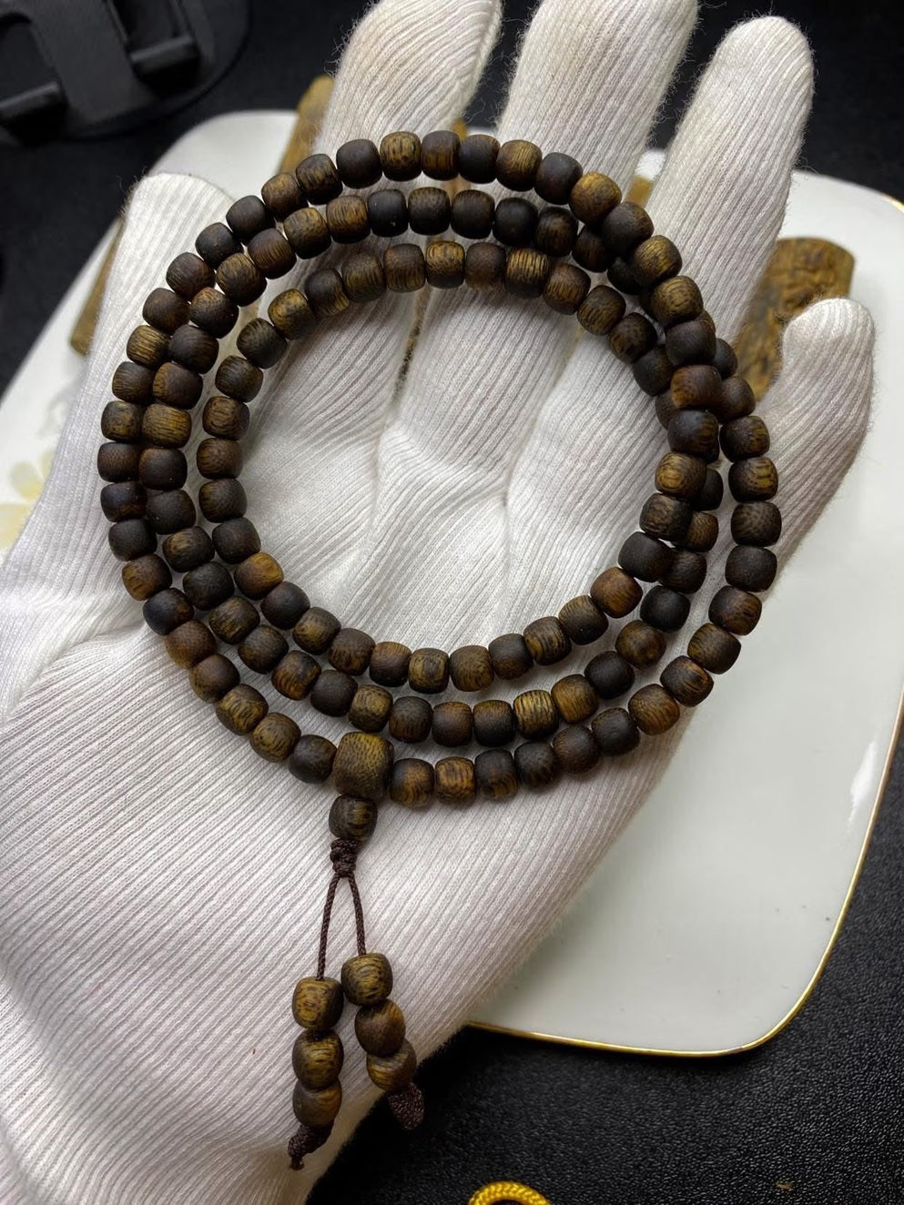 108 Bead 6mm Kyara Agarwood Mala, High Oil Content Agarwood Barrel Shaped Beads