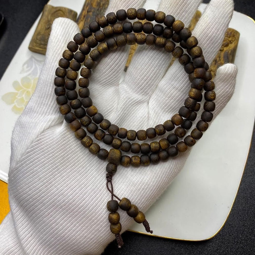 108 Bead 6mm Kyara Agarwood Mala, High Oil Content Agarwood Barrel Shaped Beads