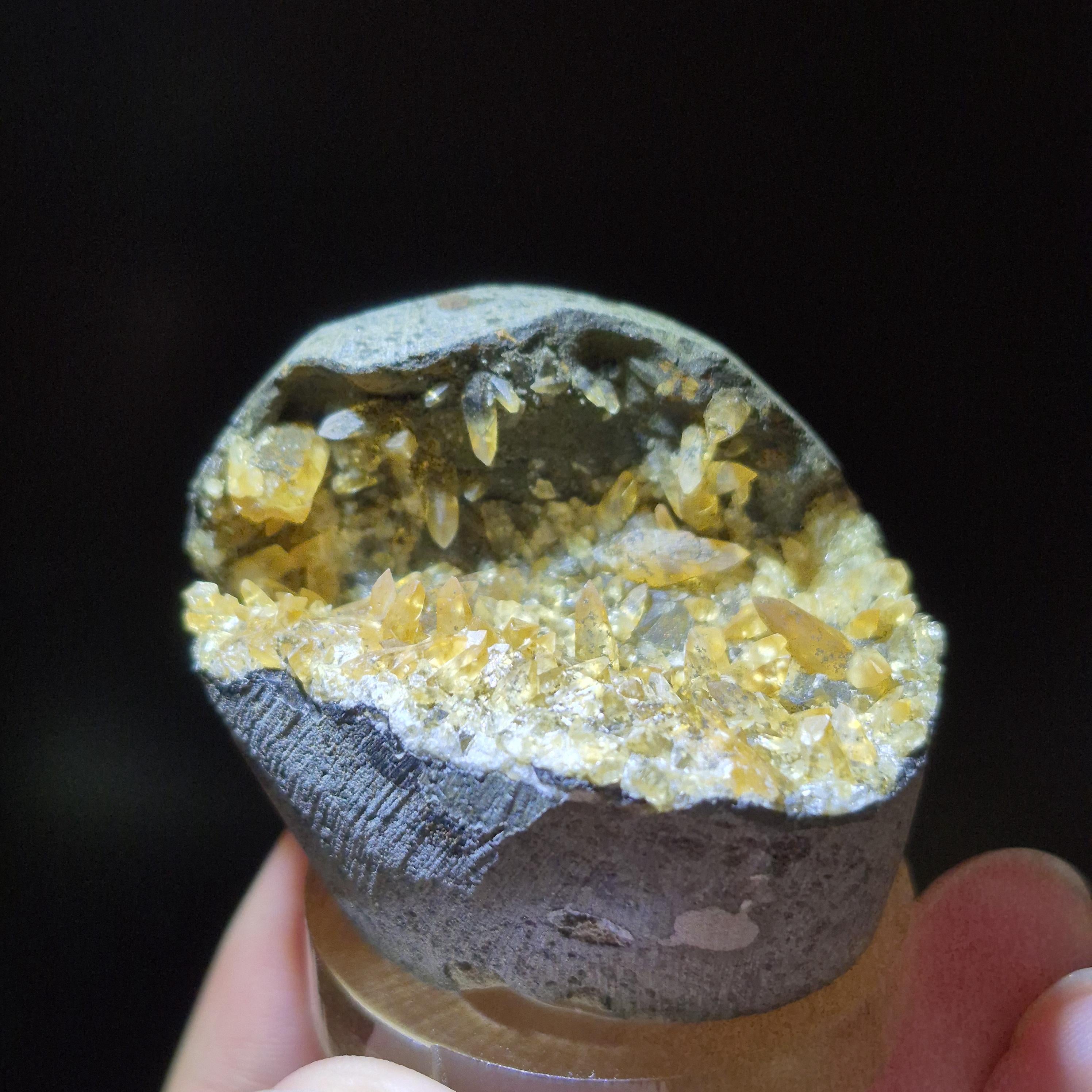 Natural Yellow Calcite Crystal Geode Cluster on Matrix