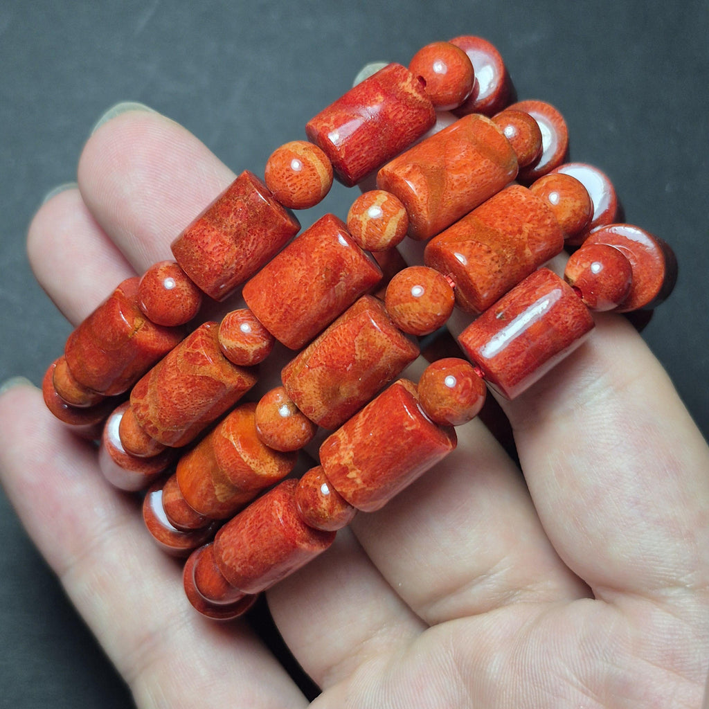 Red Coral Barrel 10mm Bead Bracelet, Natural Lucky Coral Jewelry