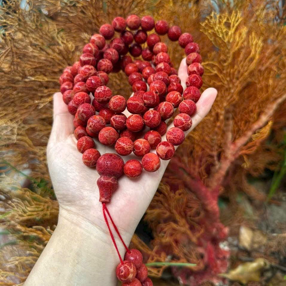 Uncoated Red Coral Mala 108 Beads 8mm, Raw Coral Beads Mala, Handmade Buddhist Rosary