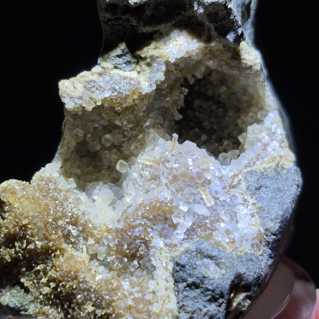 White Calcite Crystal Geode On Basalt