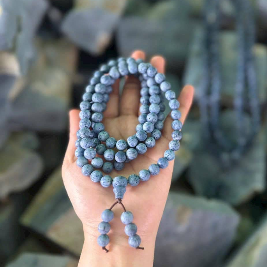 Raw Uncoated Blue Coral Mala, Natural Rough Coral 108 8mm Beads, Handmade Meditation Prayer Beads