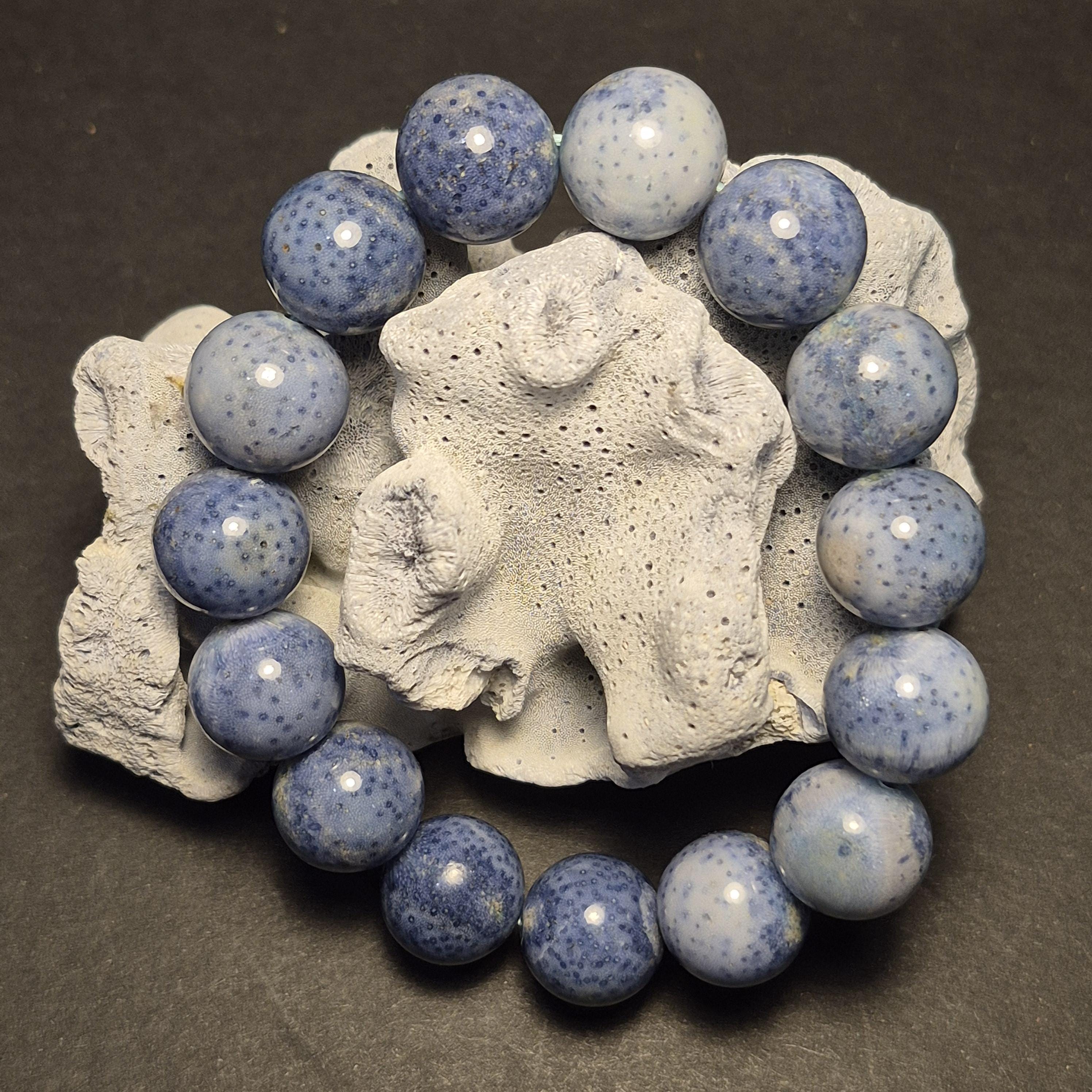 Natural Blue Coral Bracelet Bead, Rare Ocean Coral 14mm Beads, Handmade Jewelry
