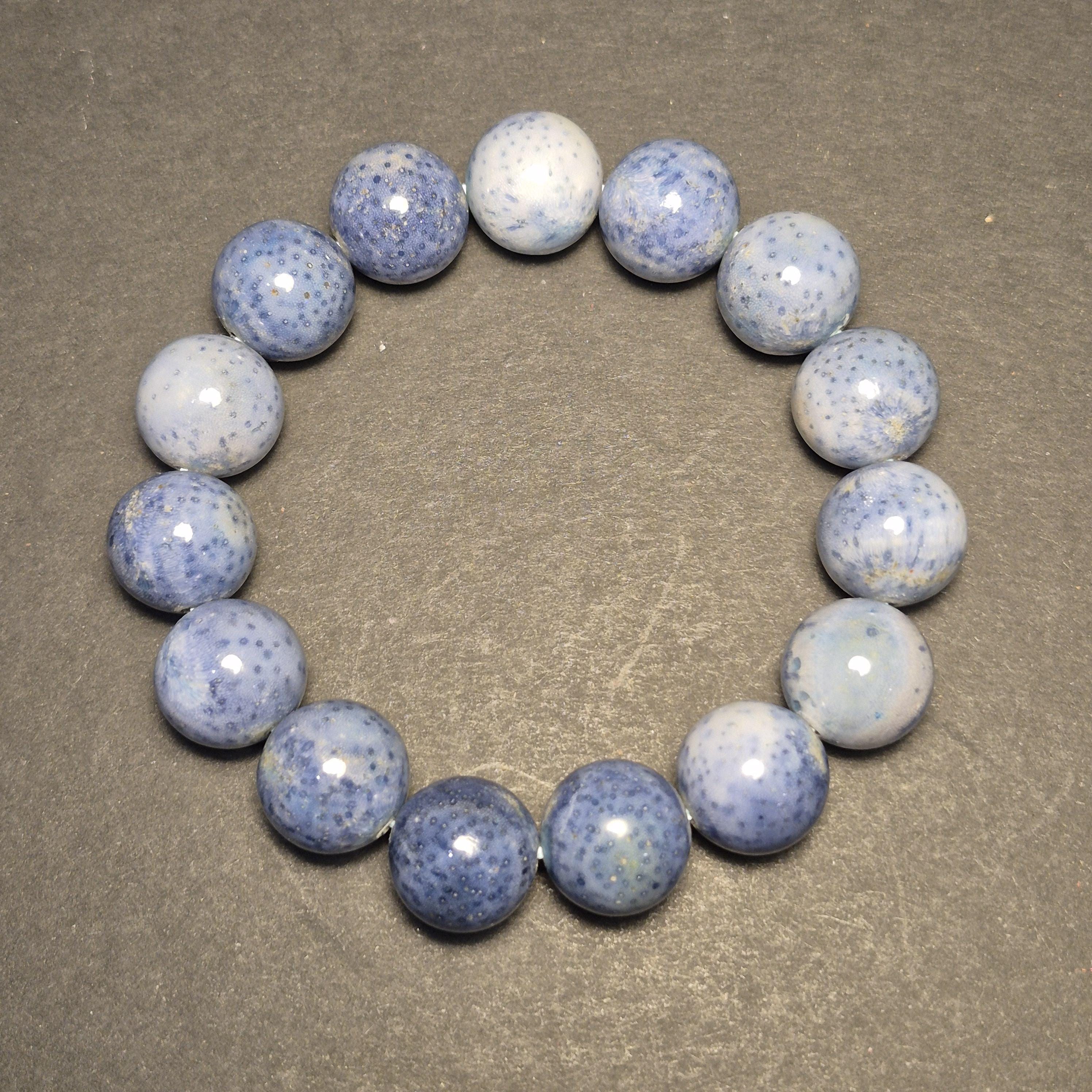 Natural Blue Coral Bracelet Bead, Rare Ocean Coral 14mm Beads, Handmade Jewelry