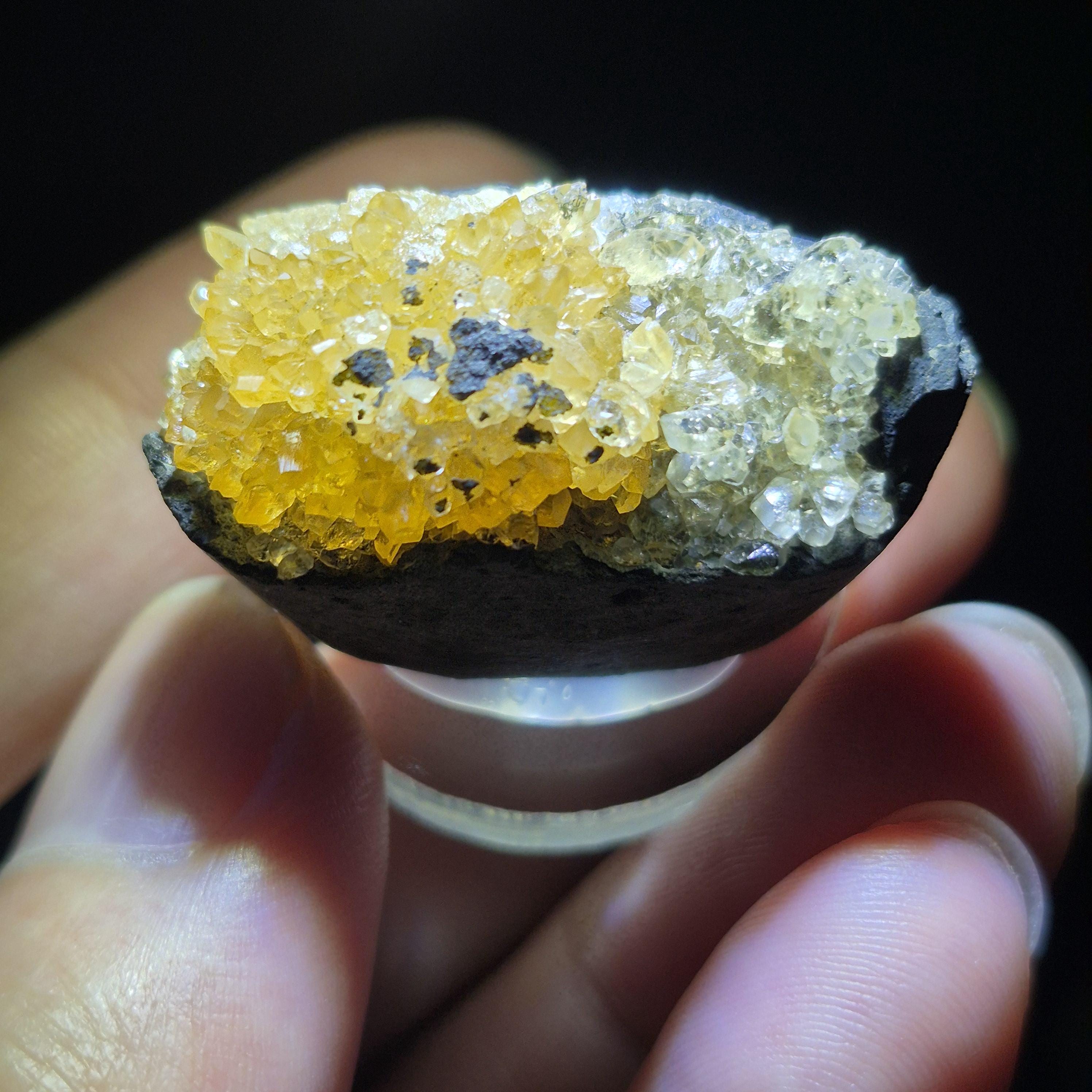 Yellow Calcite Crystal on Basalt - Natural Mineral Decor Stone