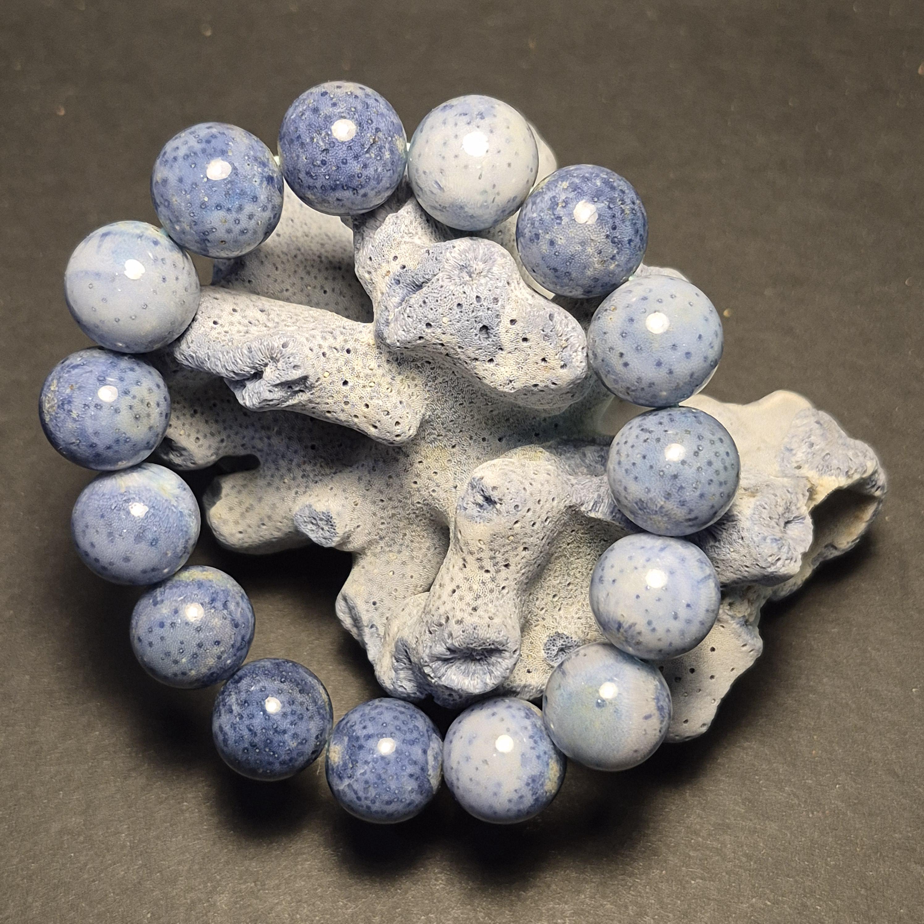 Natural Blue Coral Bracelet Bead, Rare Ocean Coral 14mm Beads, Handmade Jewelry