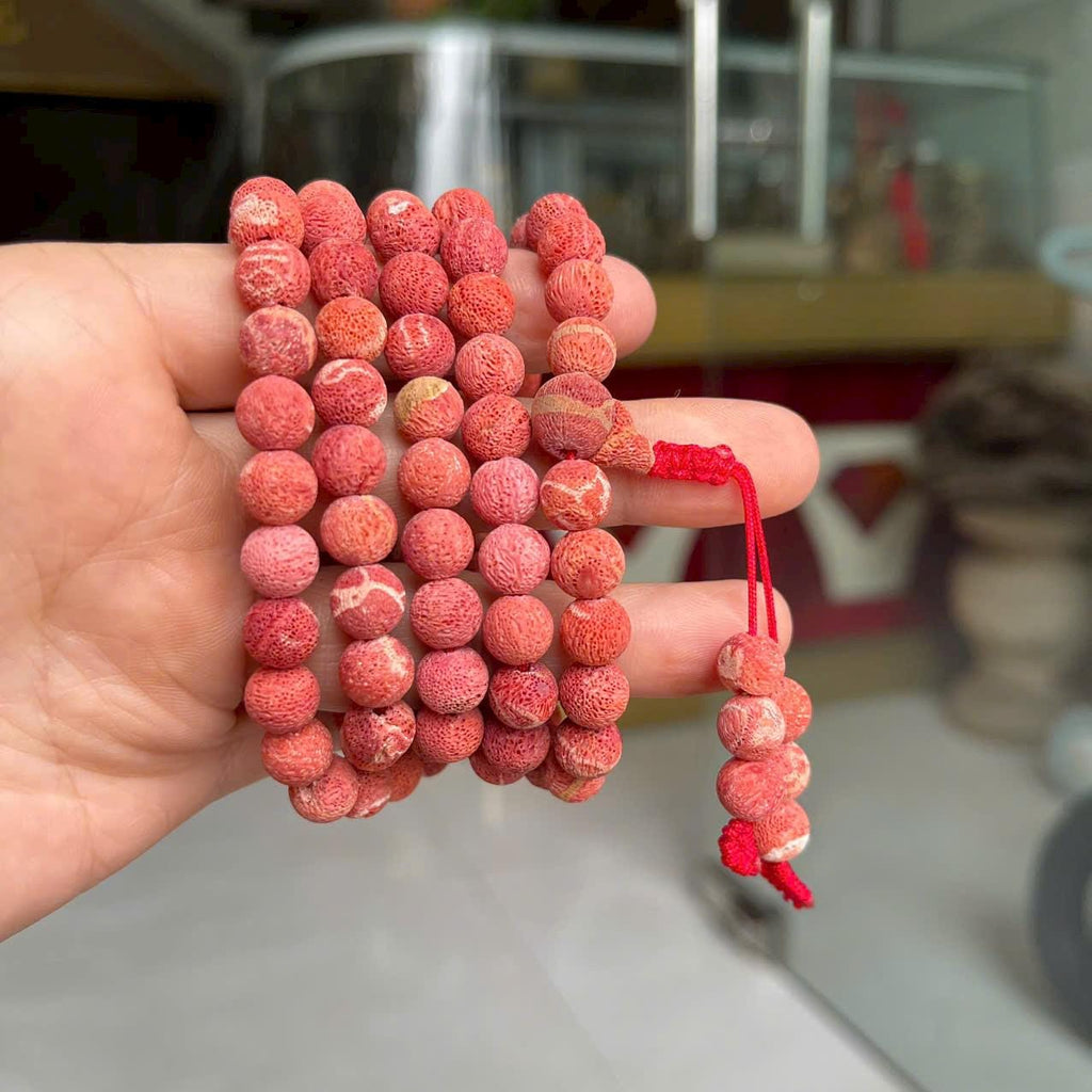 Uncoated Red Coral Mala 108 Beads 8mm, Raw Coral Beads Mala, Handmade Buddhist Rosary