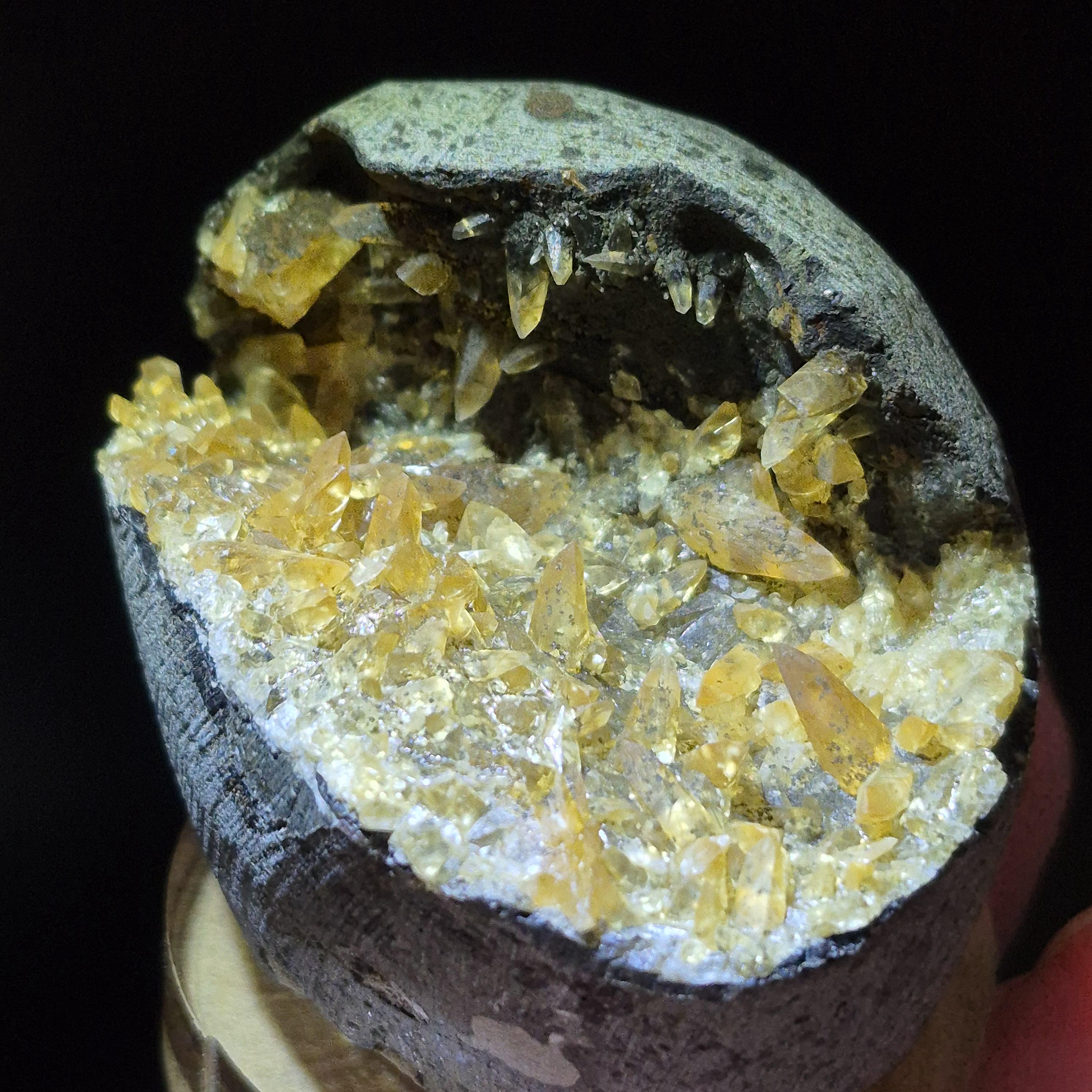 Natural Yellow Calcite Crystal Geode Cluster on Matrix