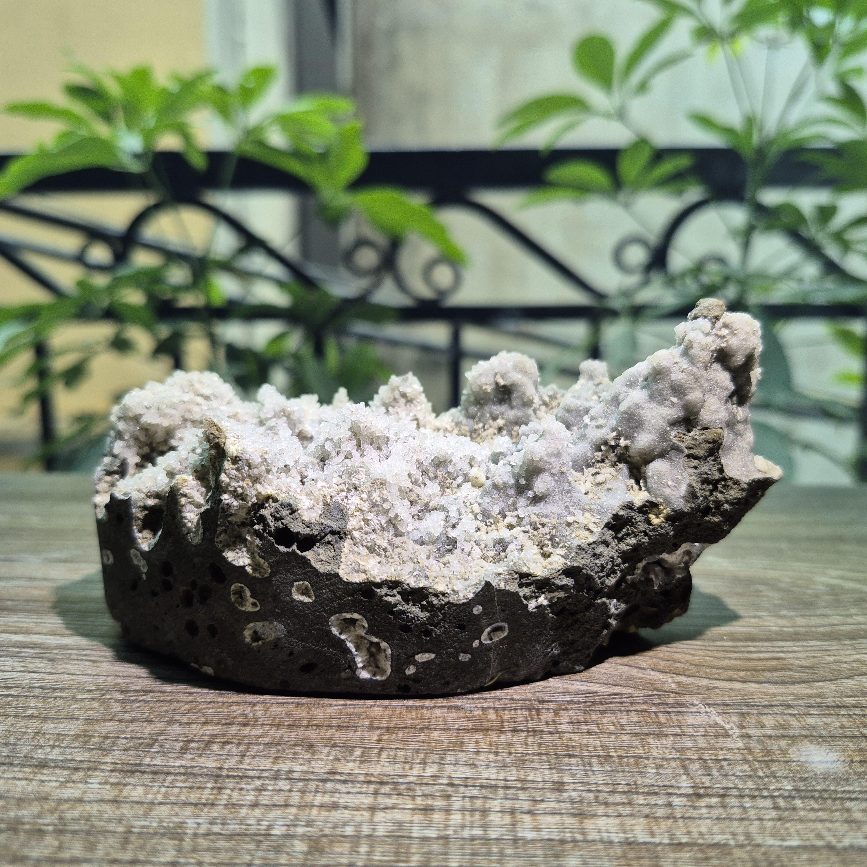 White Druzy Quartz Crystal on Basalt, Natural Ship Mineral Specimen