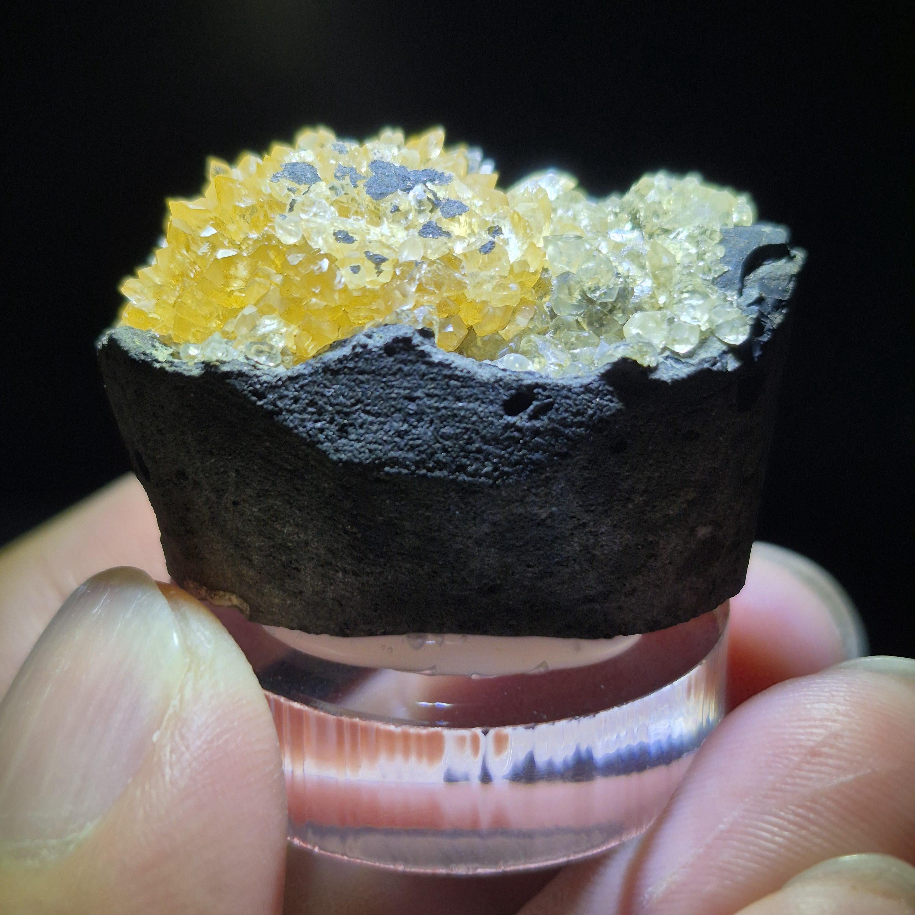 Yellow Calcite Crystal on Basalt - Natural Mineral Decor Stone