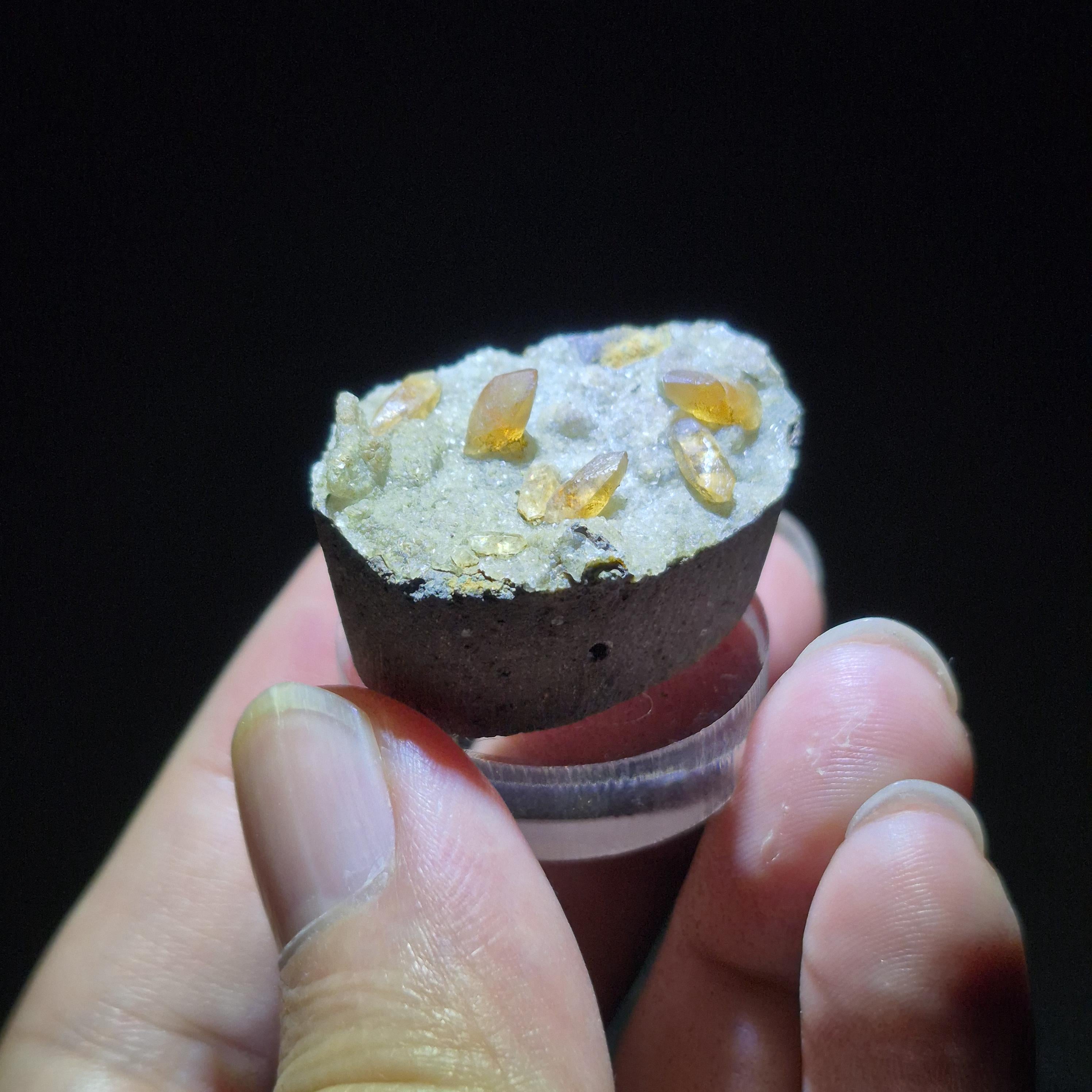 Yellow Calcite Crystals on Basalt Matrix, Rare Calcite Cluster