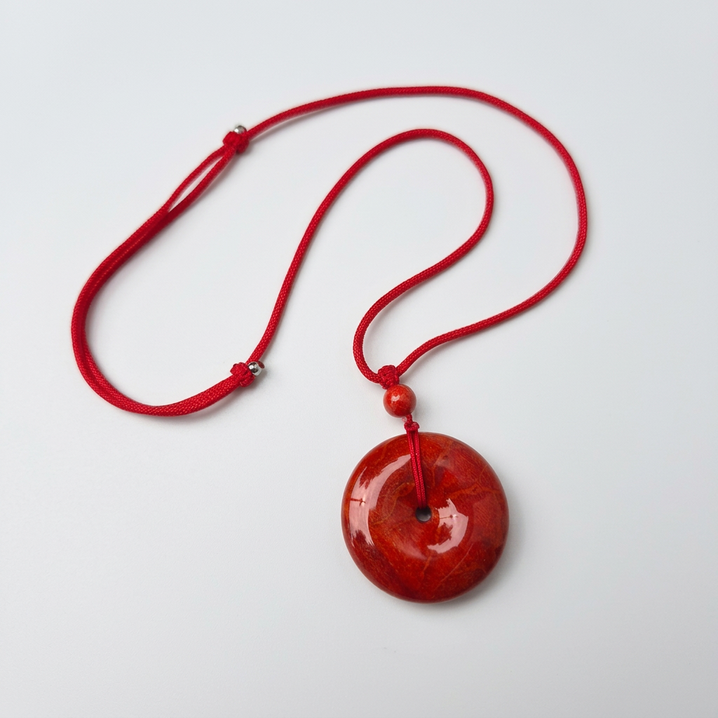 Large Red Coral Necklace, 4cm Donut Pendant, Natural Coral Jewelry