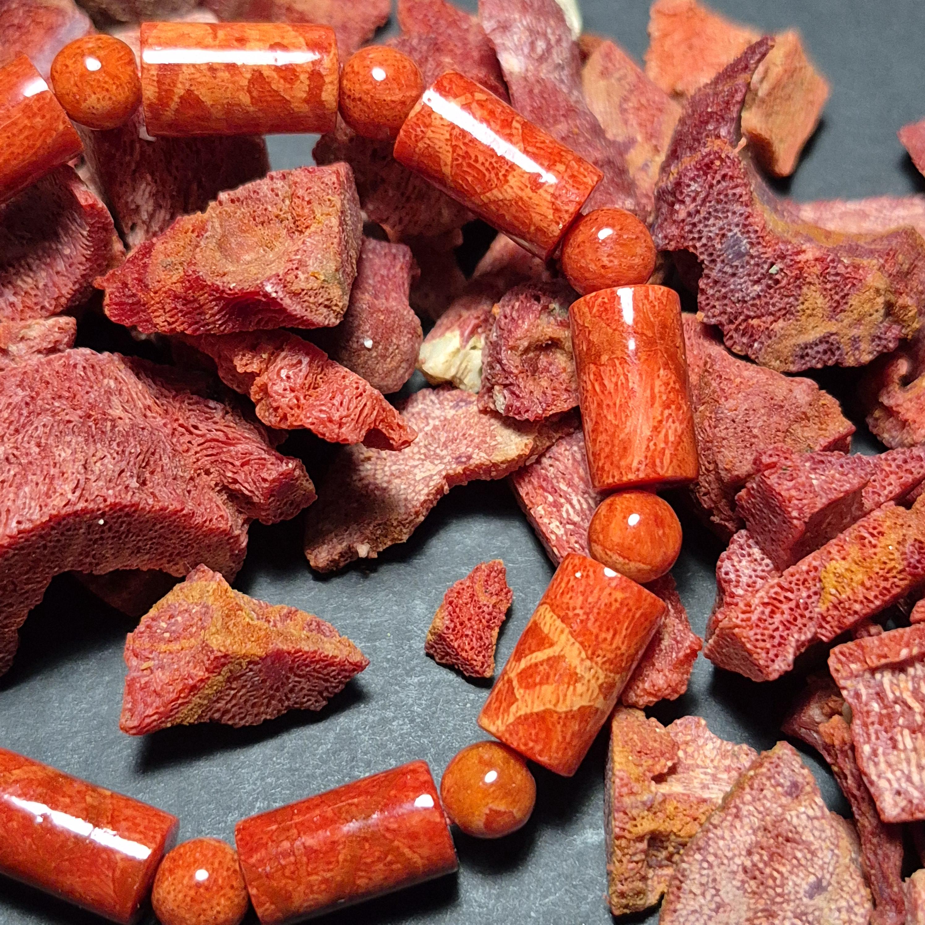 Red Coral Bamboo Bead Bracelet 8mm, Natural Coral Jewelry, Handmade Spiritual Bracelet