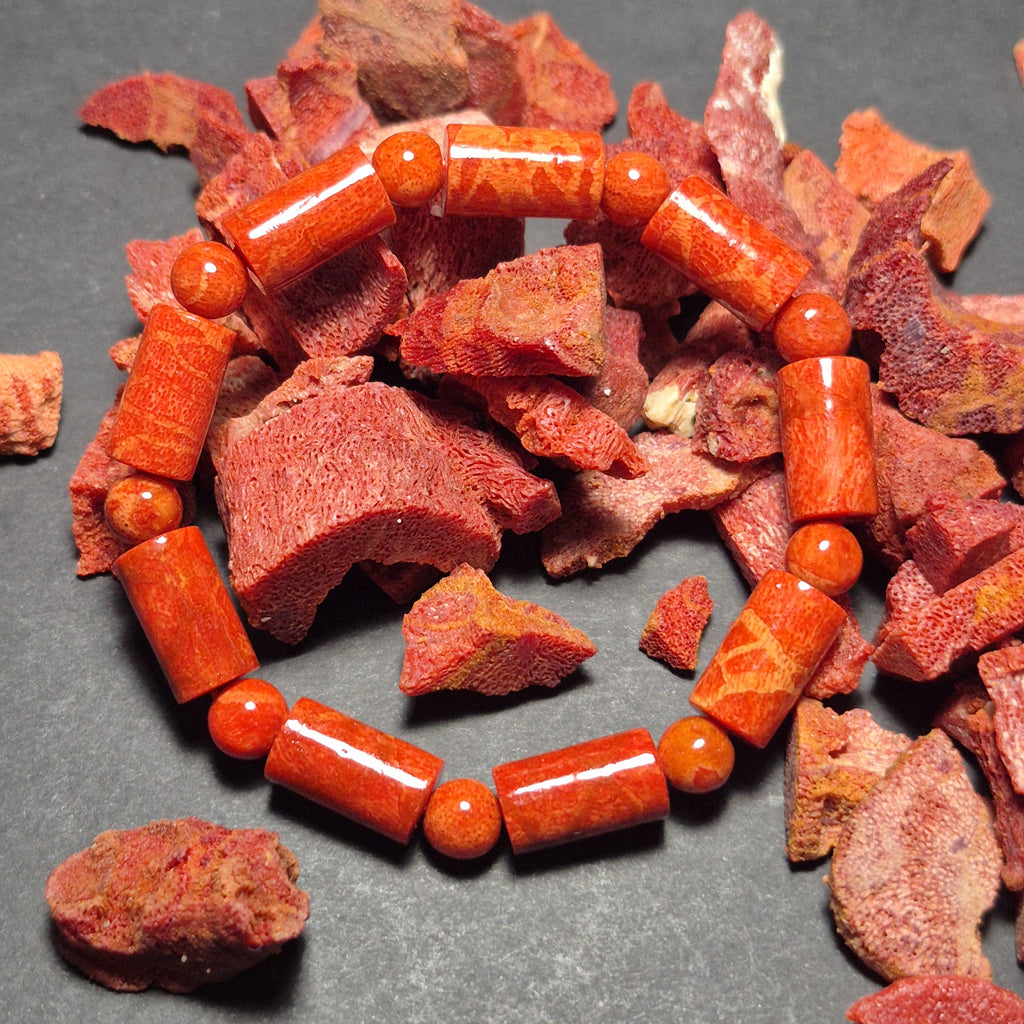 Red Coral Bamboo Bead Bracelet 8mm, Natural Coral Jewelry, Handmade Spiritual Bracelet