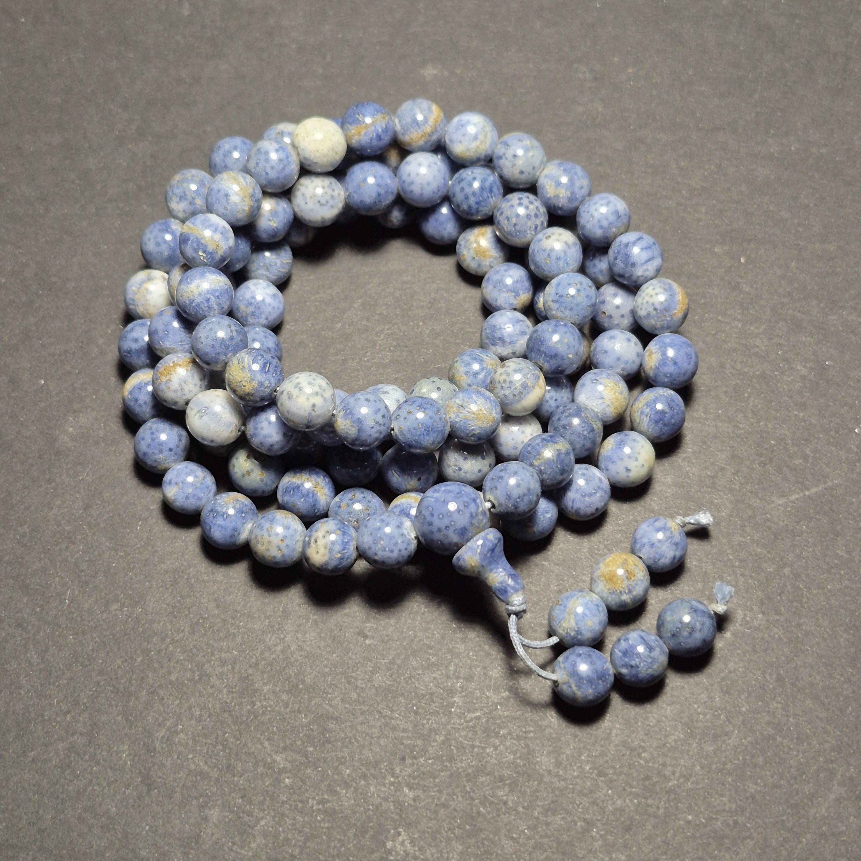 Authentic Blue Coral Bracelet 108 Beads, Handmade Mala Bracelet, Natural Coral Jewelry
