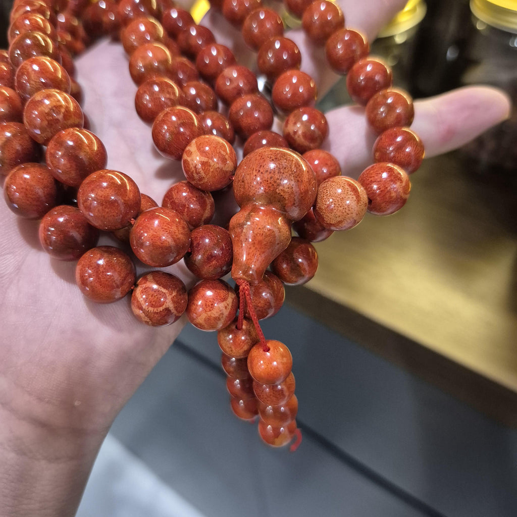 Red Coral Mala Necklace, 108 Prayer Beads 12mm, Buddhist Jewelry
