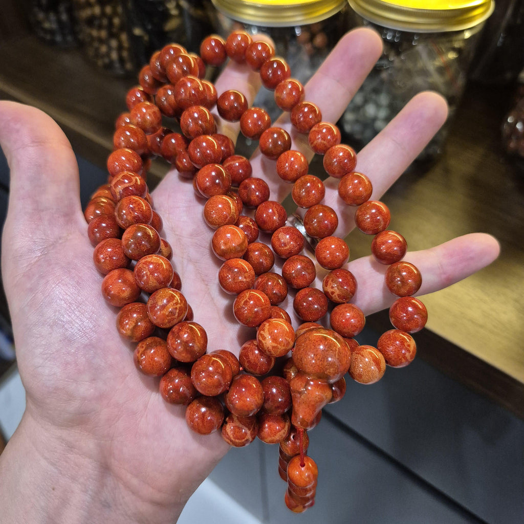 Red Coral Mala Necklace, 108 Prayer Beads 12mm, Buddhist Jewelry