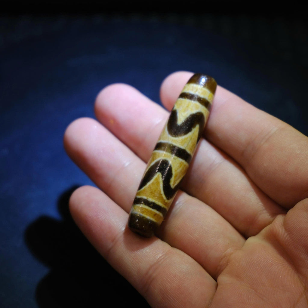 Antique Tibetan Dzi Bead Water Wave Pattern, Old Agate Dzi with Heavy Weathering 57x13mm